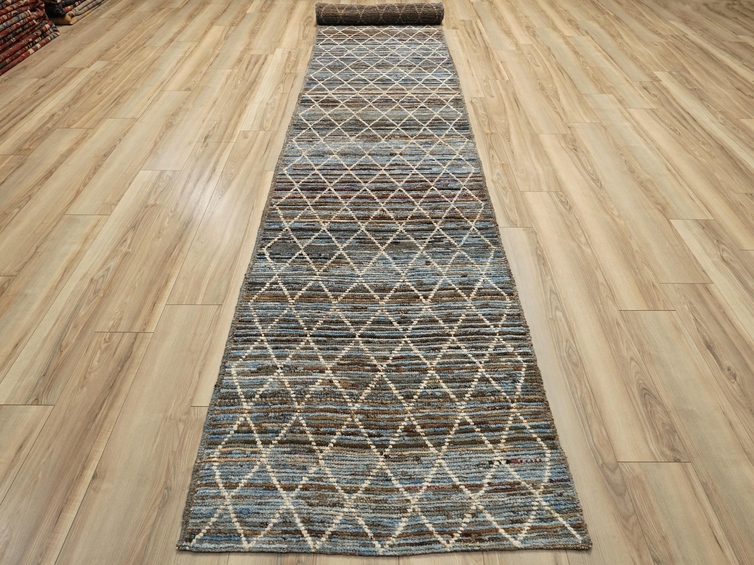 19 Ft Blue Moroccan Runner Rug - Hand Knotted Afghan Hallway Rug