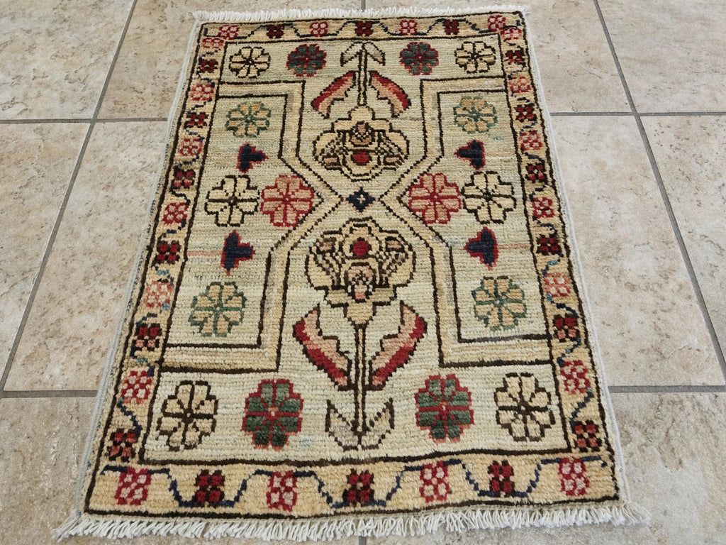 1x2 Ft Hand Knotted Beige Serapi Rug - Ghazni Wool Floral Rug