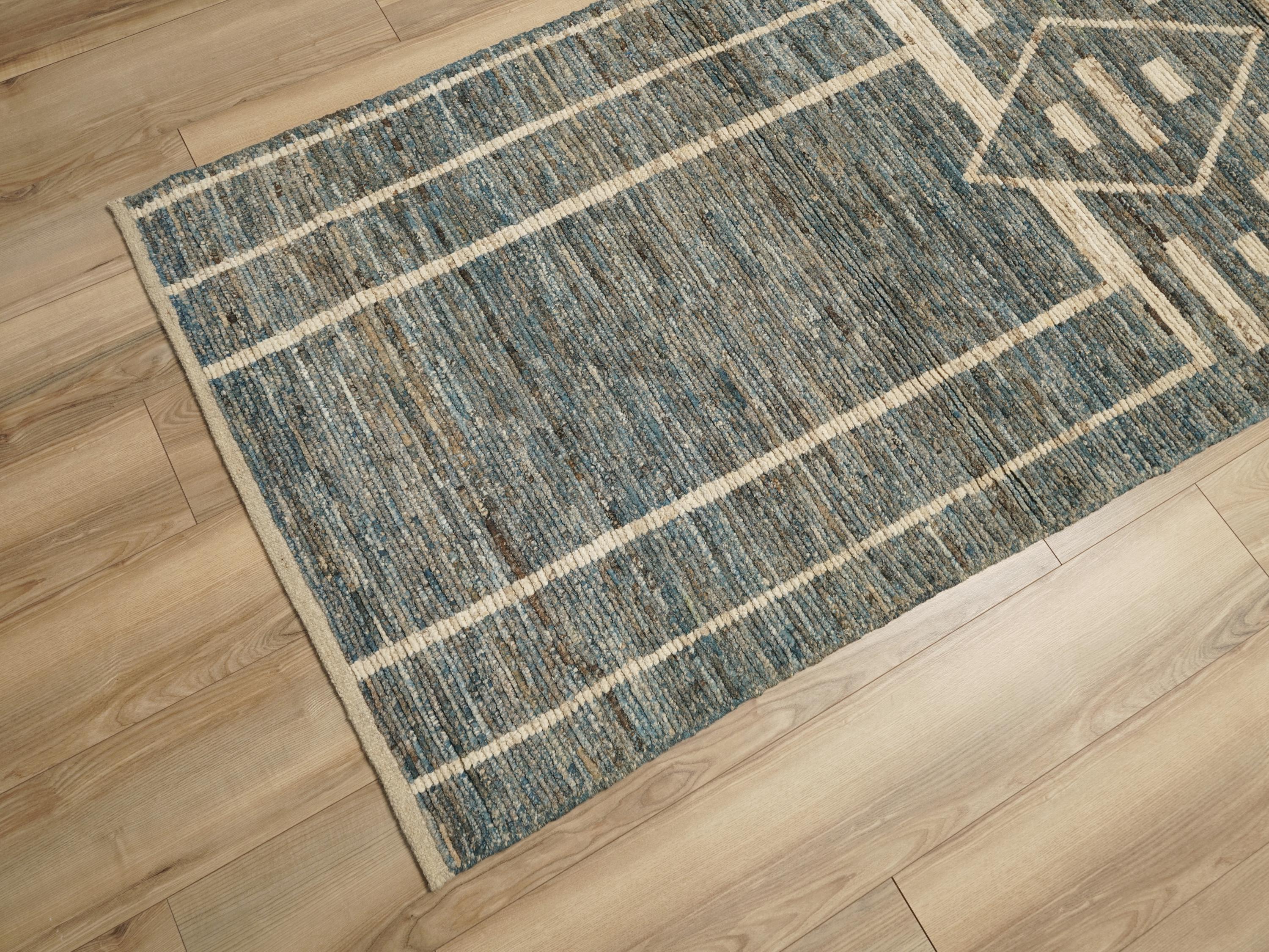 13 Ft Blue Moroccan Runner Rug - Hand Knotted Afghan Rug