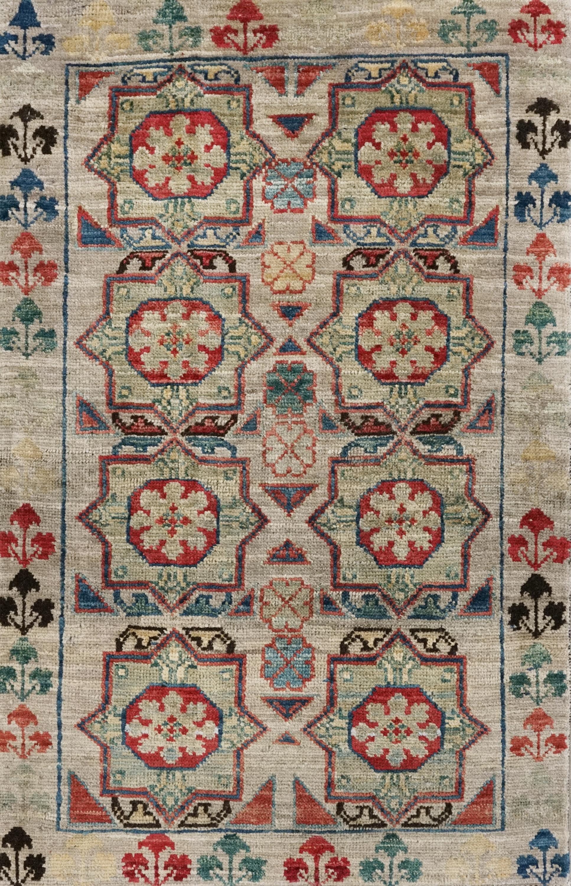 2x3 Ft Hand Knotted Beige Mamluk Rug - Ghazni Wool Oriental Rug