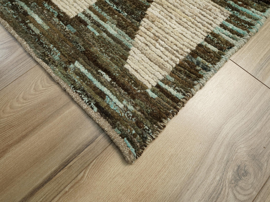 10 Ft White & Blue Handmade Moroccan Runner Rug - Contemporary Design