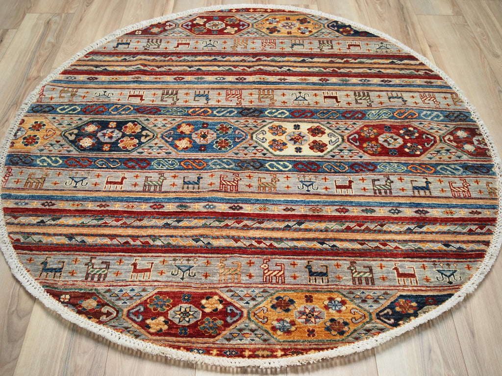 5x5 Ft Gray Khorjin Rug - Round Oriental Wool Rug