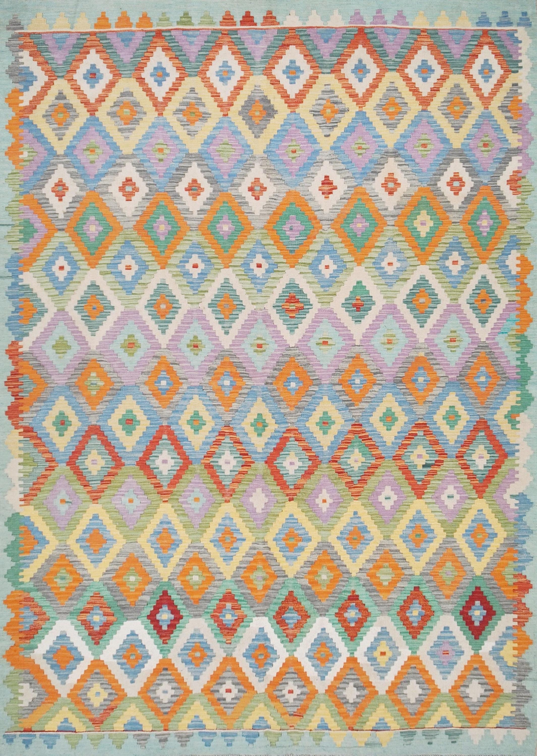 7x10 Ft Light Green Kilim Rug - Afghan Tribal Flat Weave