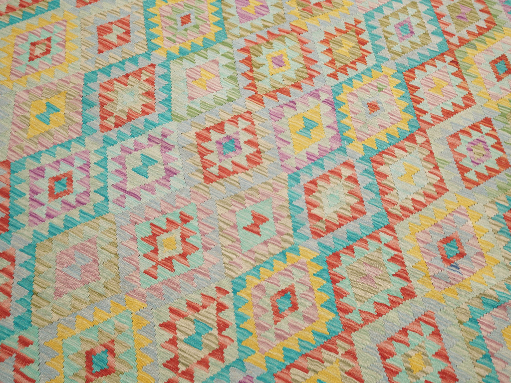 7x10 Ft Green Kilim Rug - Flat Weave Afghan Tribal Rug