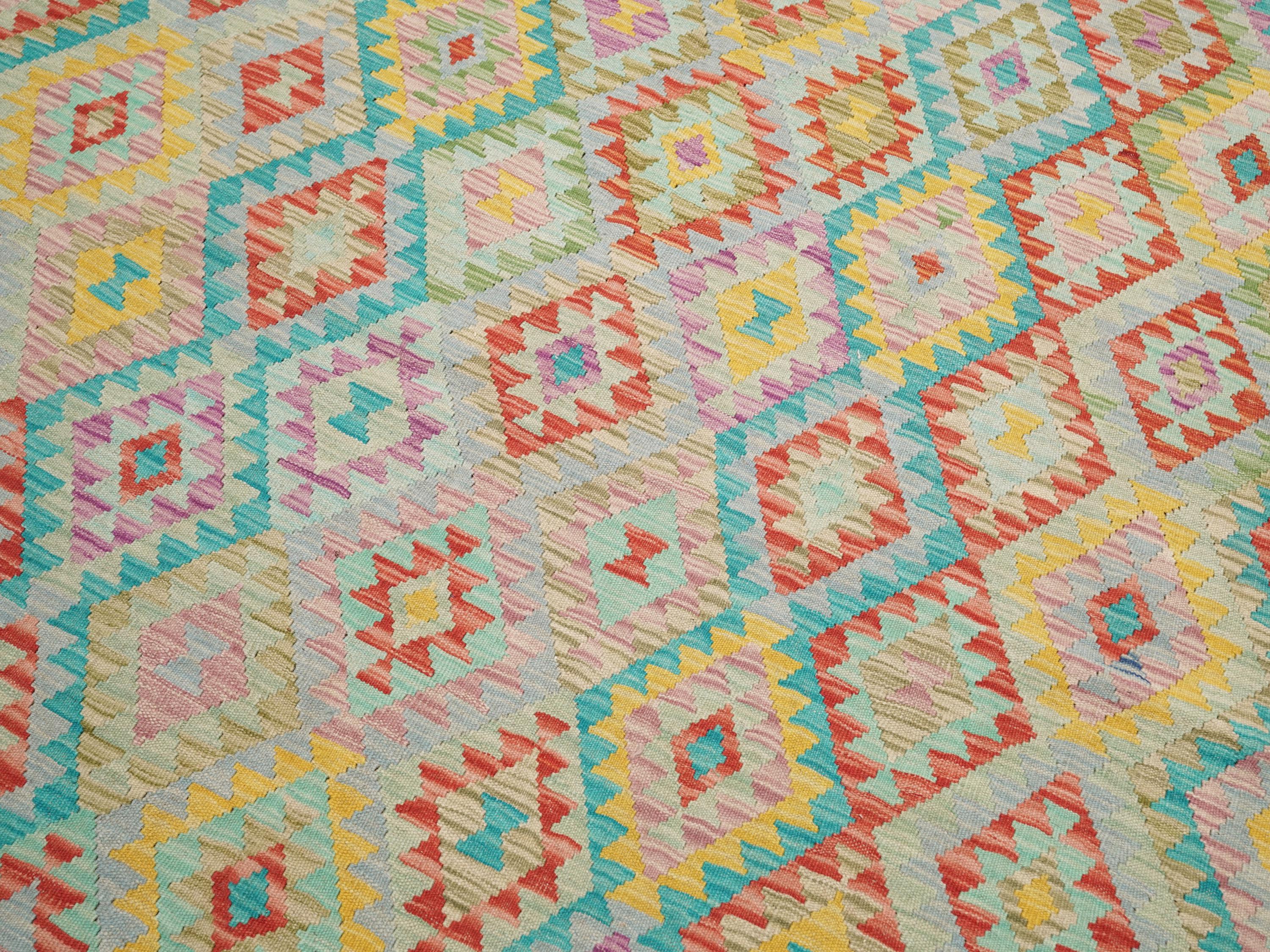 7x10 Ft Green Kilim Rug - Flat Weave Afghan Tribal Rug