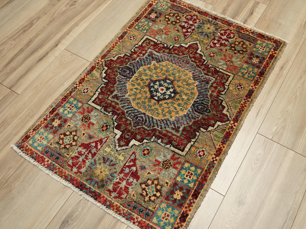 2x3 Ft Hand Knotted Mamluk Rug - Brown & Red Oriental Accent Rug