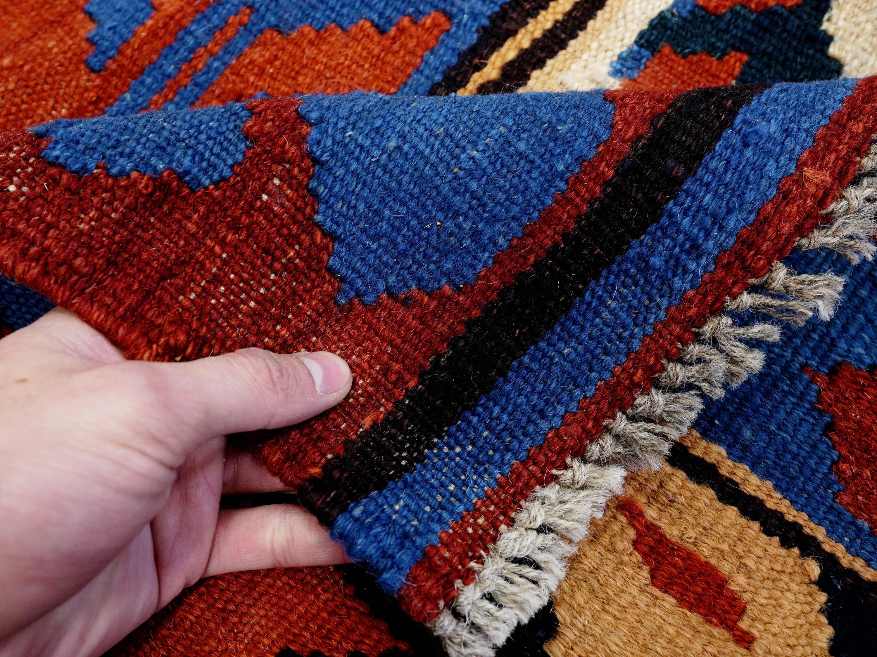 5x7 Ft Blue & Red Kilim Rug - Handwoven Afghan Flat Weave - Tribal Design
