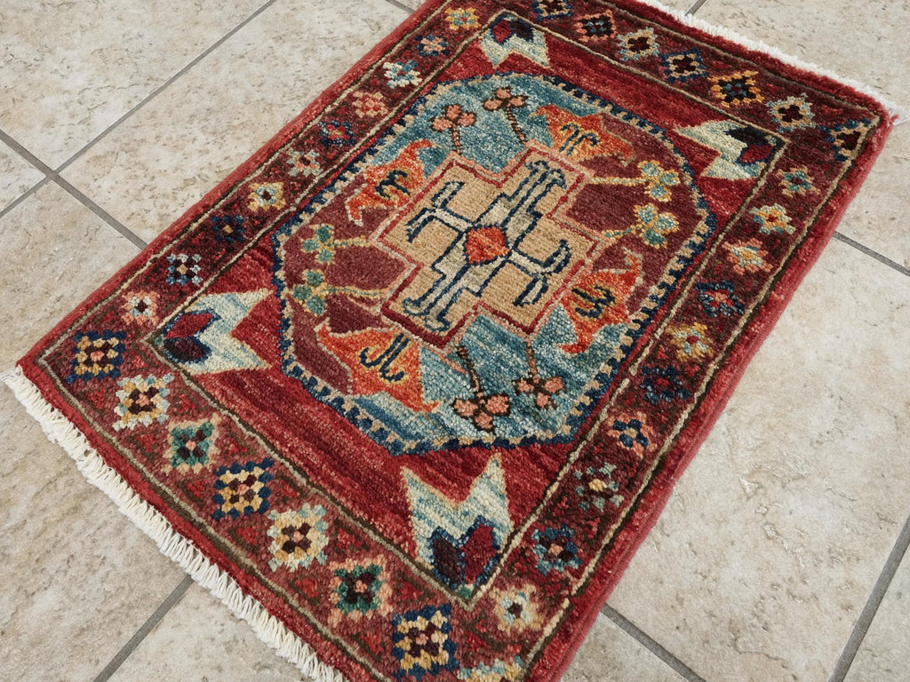 1x2 Ft Red Ersari Rug - Hand-Knotted Ghazni Wool Oriental Accent Rug