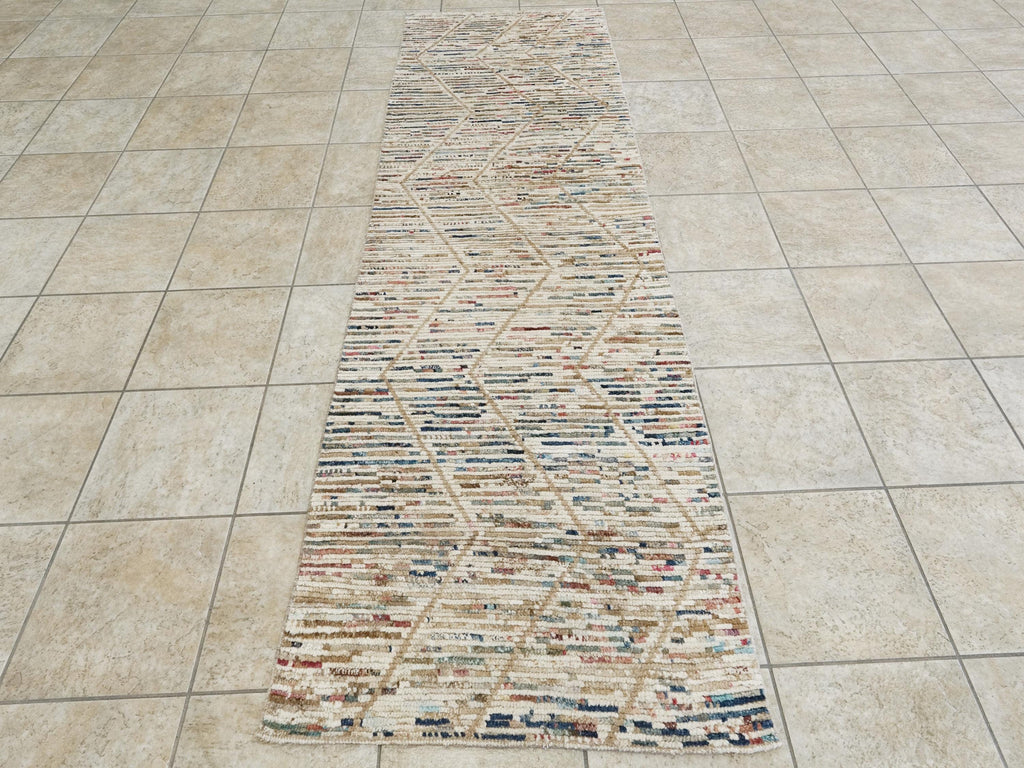 9 Ft Handmade Afghan Wool Runner Rug - Beige Moroccan Style