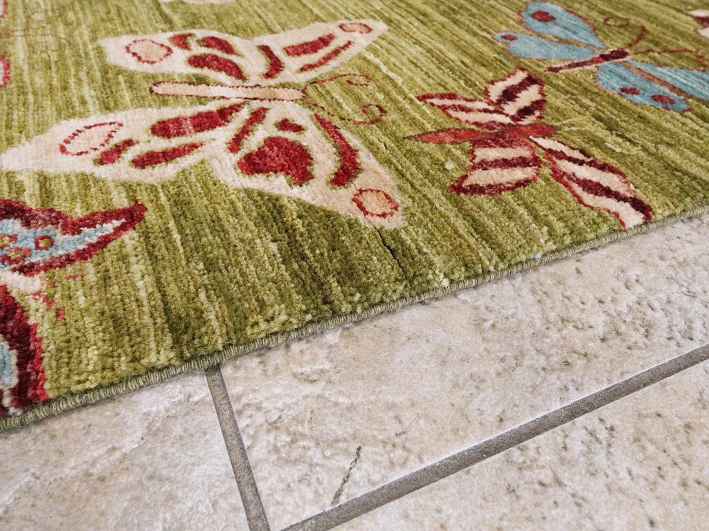 12 Ft Green Butterfly Runner Rug - Afghan Wool Hallway Rug