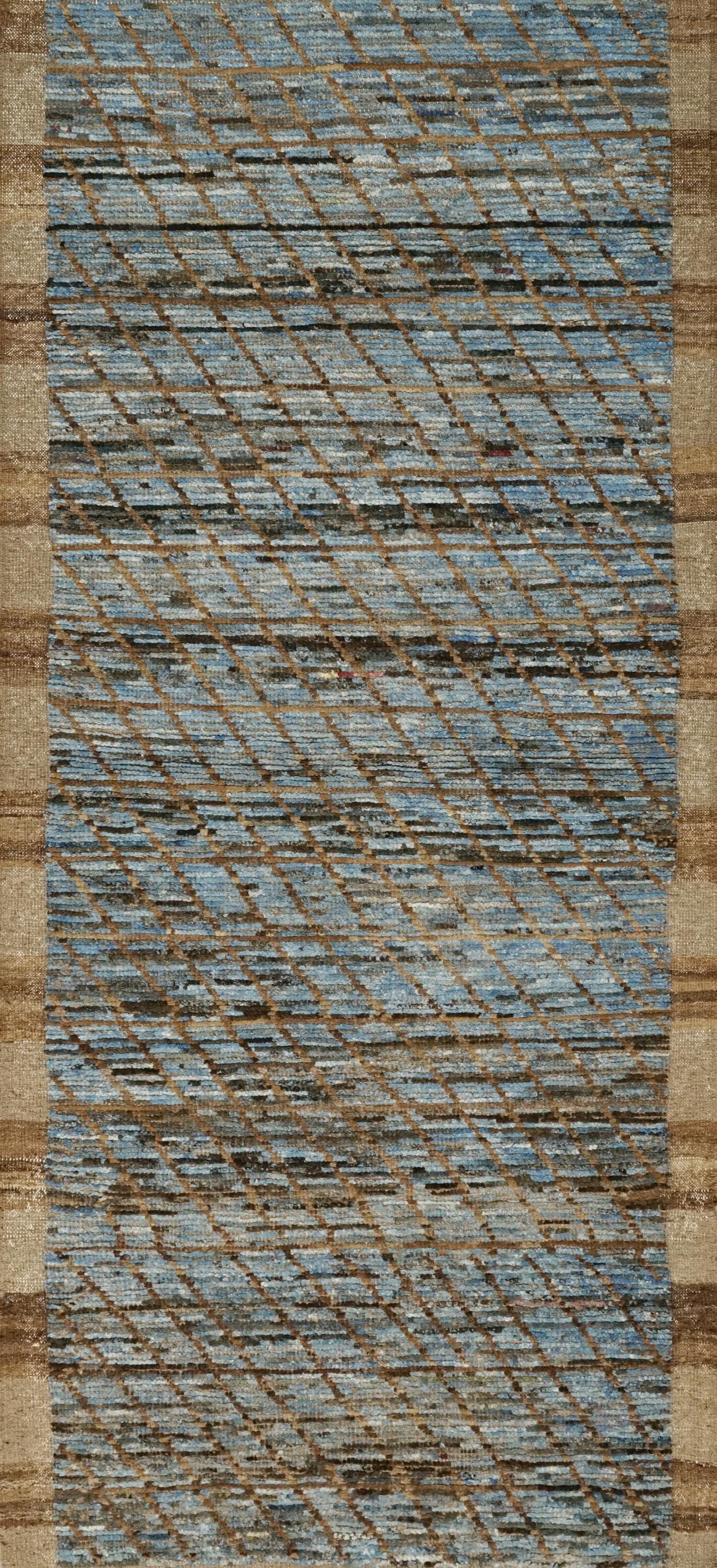 10 Ft Brown & Blue Moroccan Wool Runner Rug: Afghan Handmade Rug