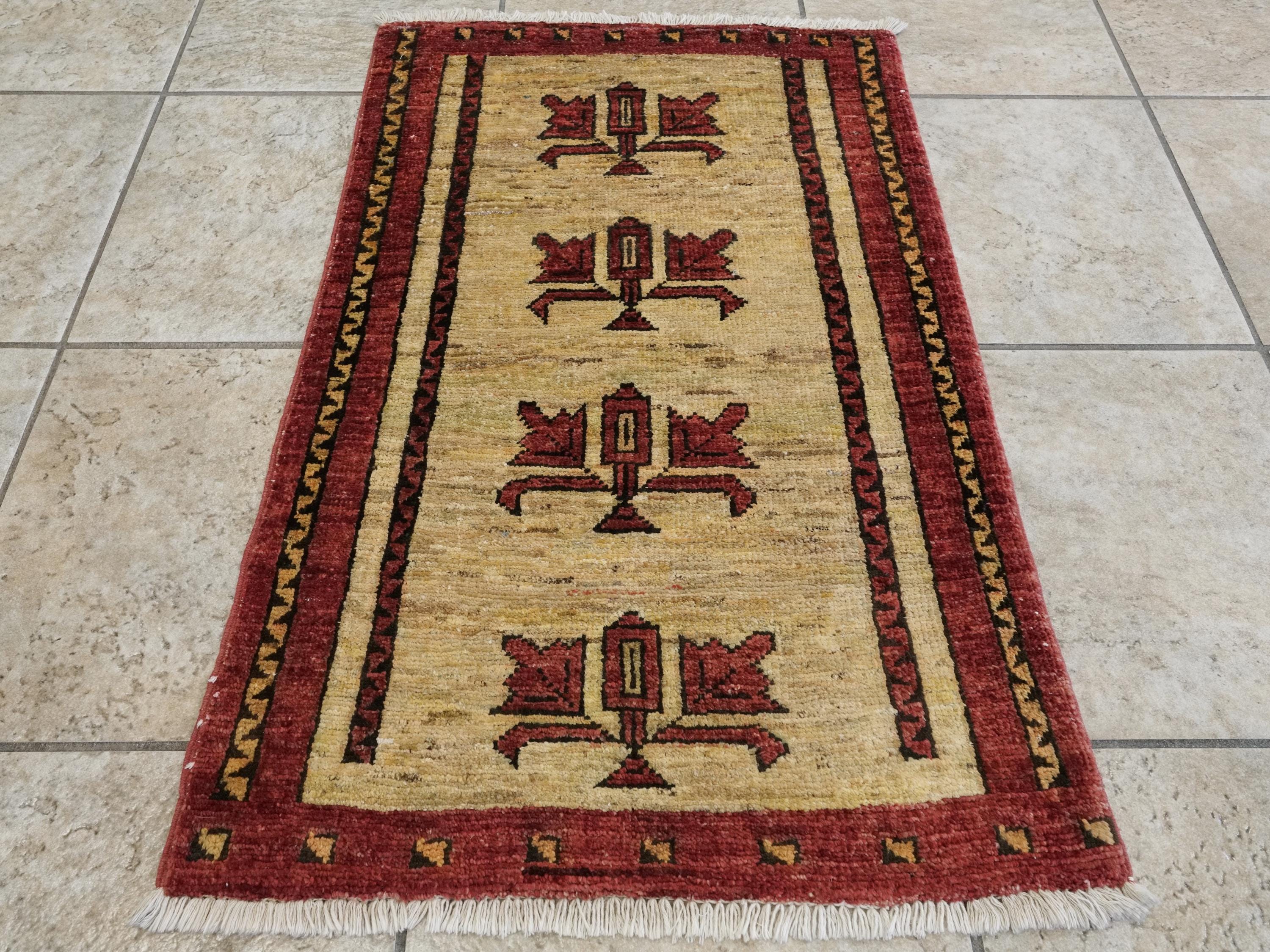 2x3 Ft Hand Knotted Wool Gabbeh Rug - Beige & Red Tribal Doormat