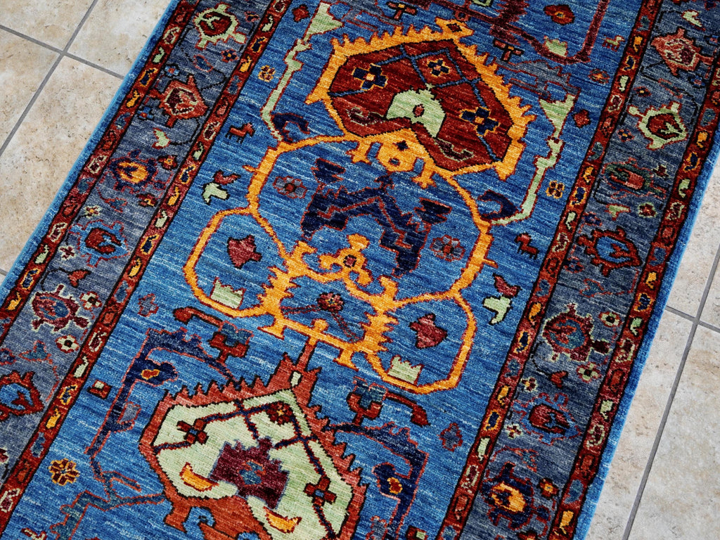 11 Ft Blue Heriz Runner Rug - Hand Knotted Hallway Rug - Persian Design