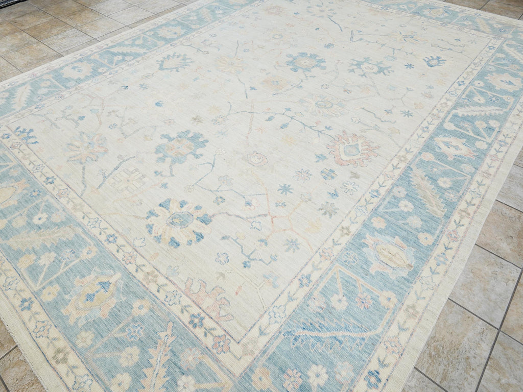 10x14 Ft Blue Oushak Rug - Hand Knotted Afghan Rug - Turkish Floral Design