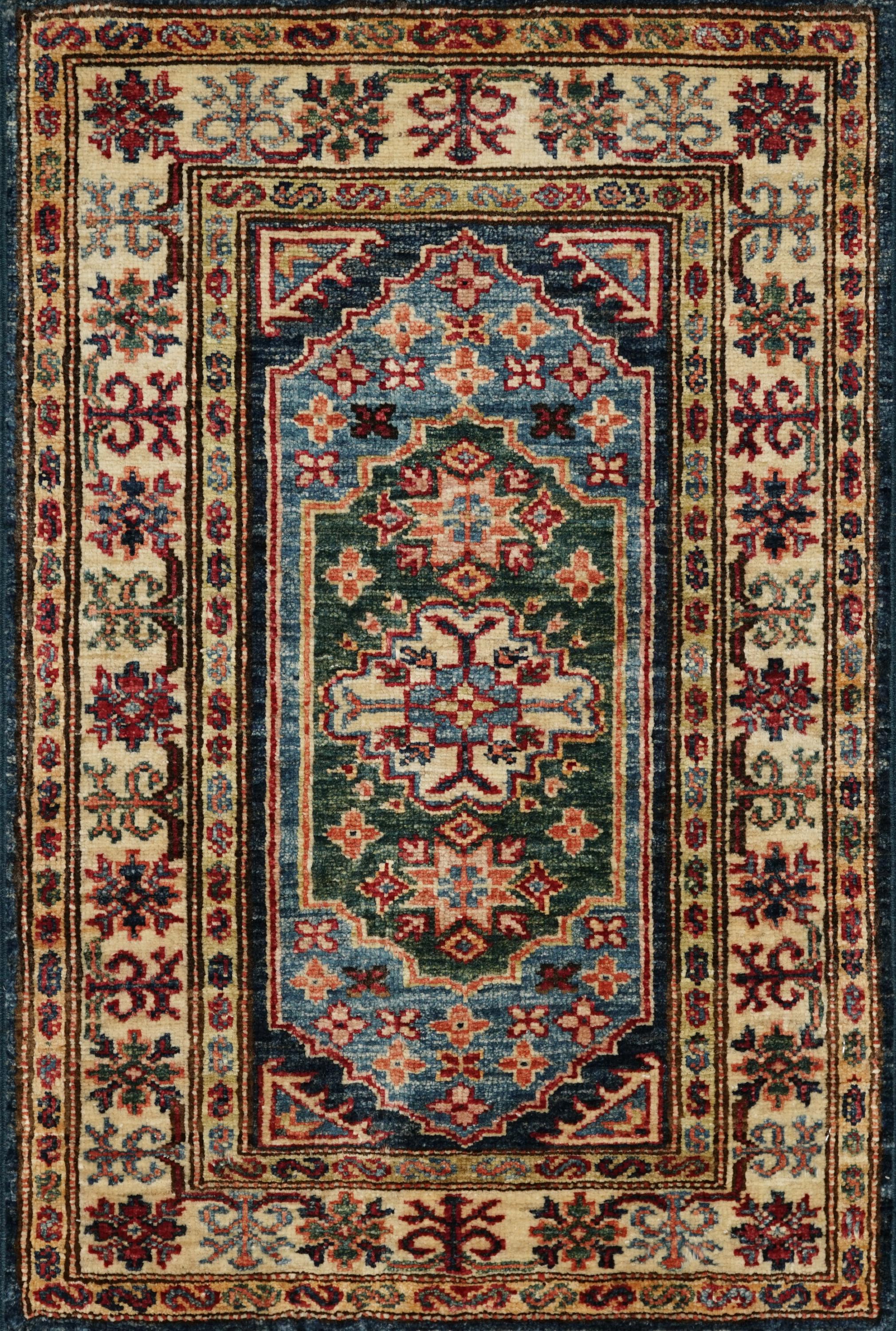 2x3 Ft Blue Beige Kazak Rug - Afghan Wool Accent Rug
