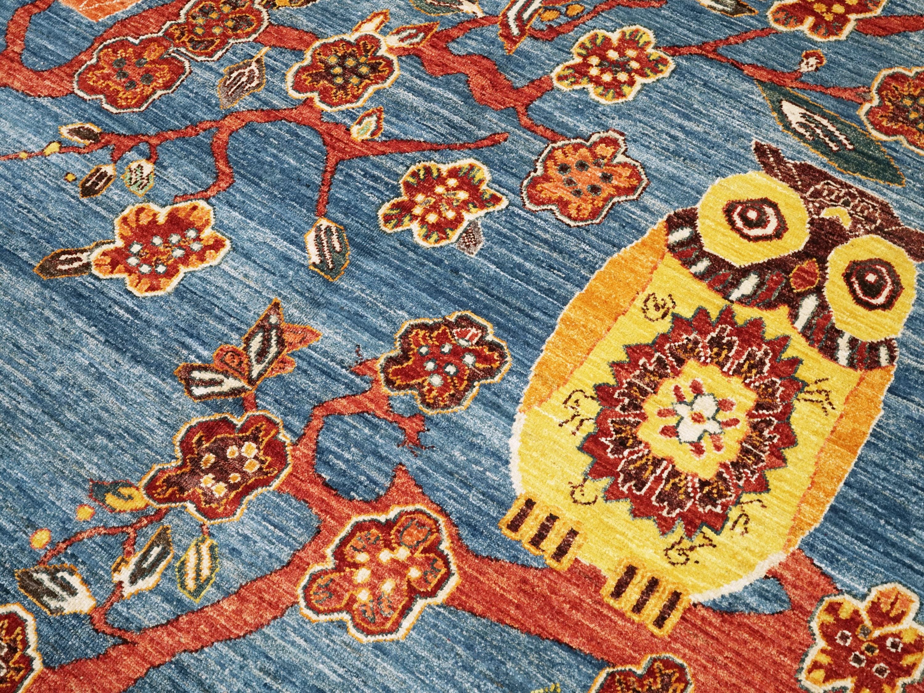 5x7 Ft Blue Owl Rug - Afghan Handmade Area Rug - Bird Design