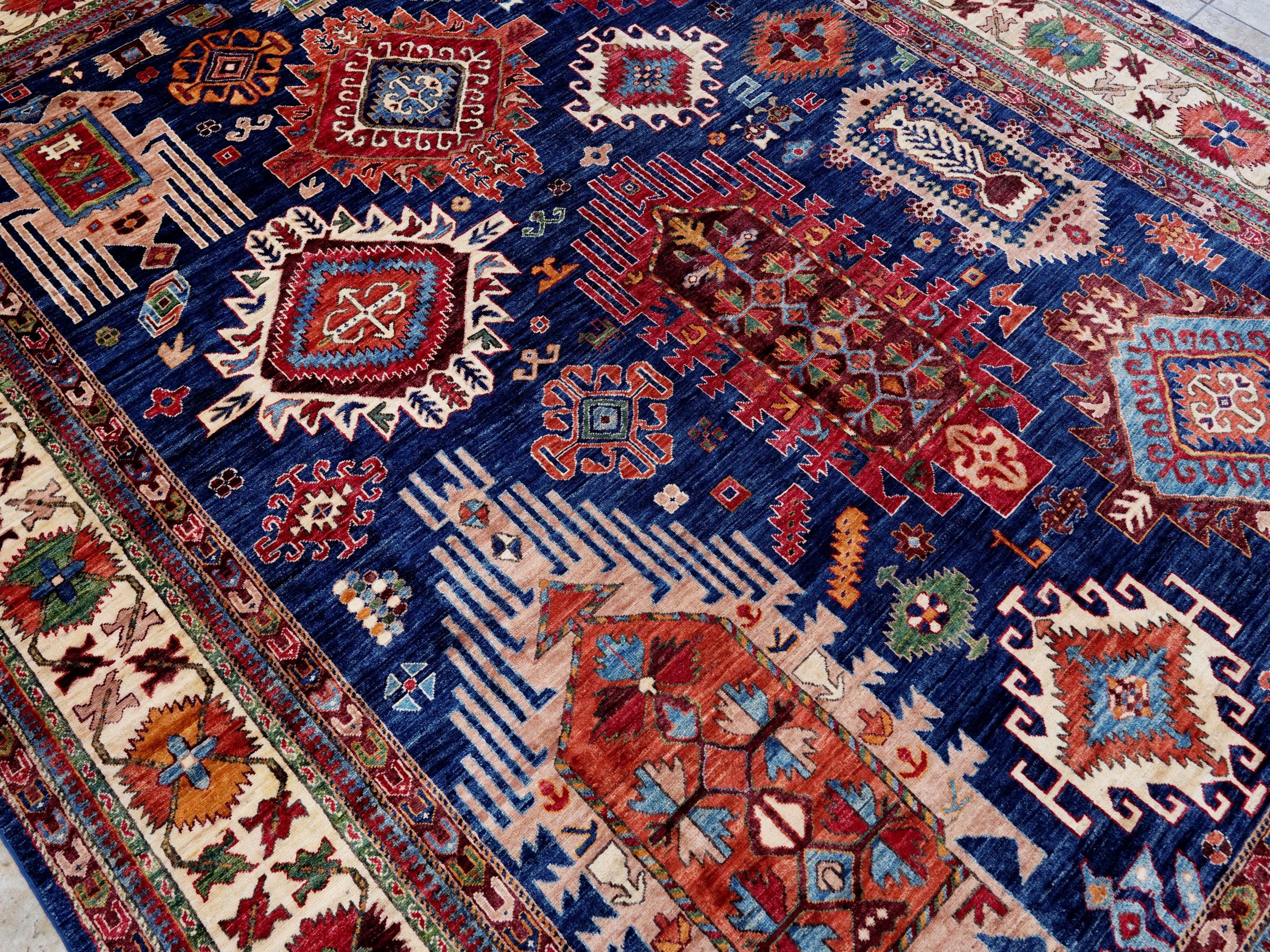 9x12 Ft Blue Kazak Rug - Afghan Oriental Area Rug - Persian Design