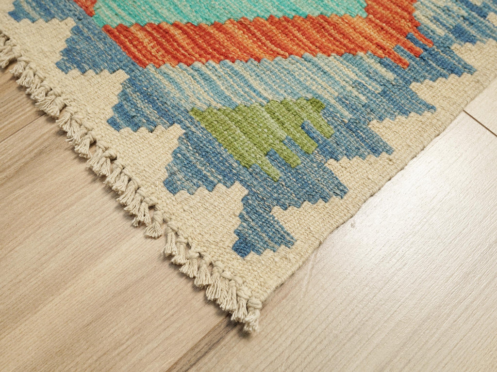 9 Ft Kilim Runner Rug - Green & Orange Traditional Afghan Rug