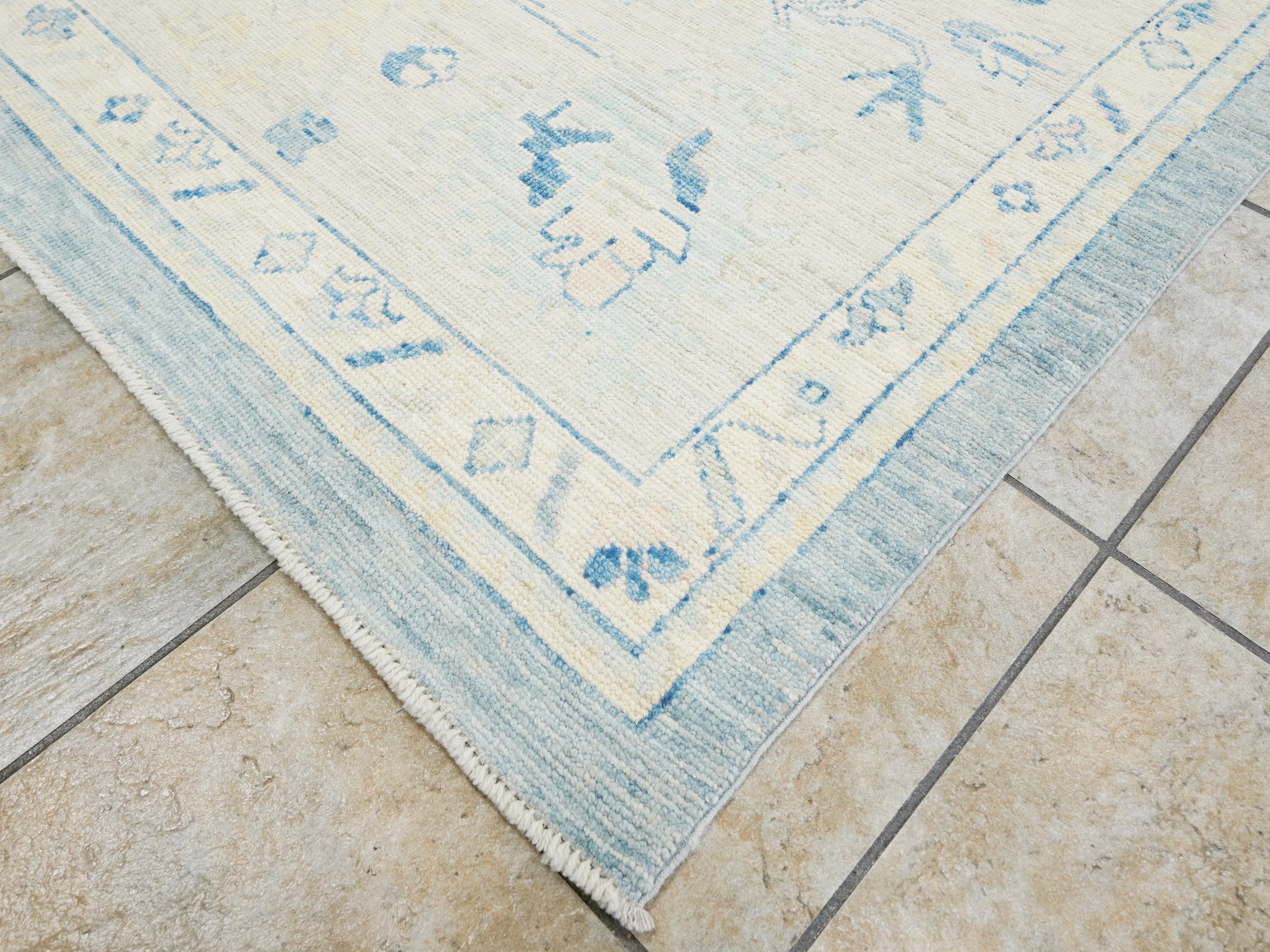 10x14 Ft Muted Blue Ushak Rug - Hand Knotted Wool Area Rug -  Floral Design