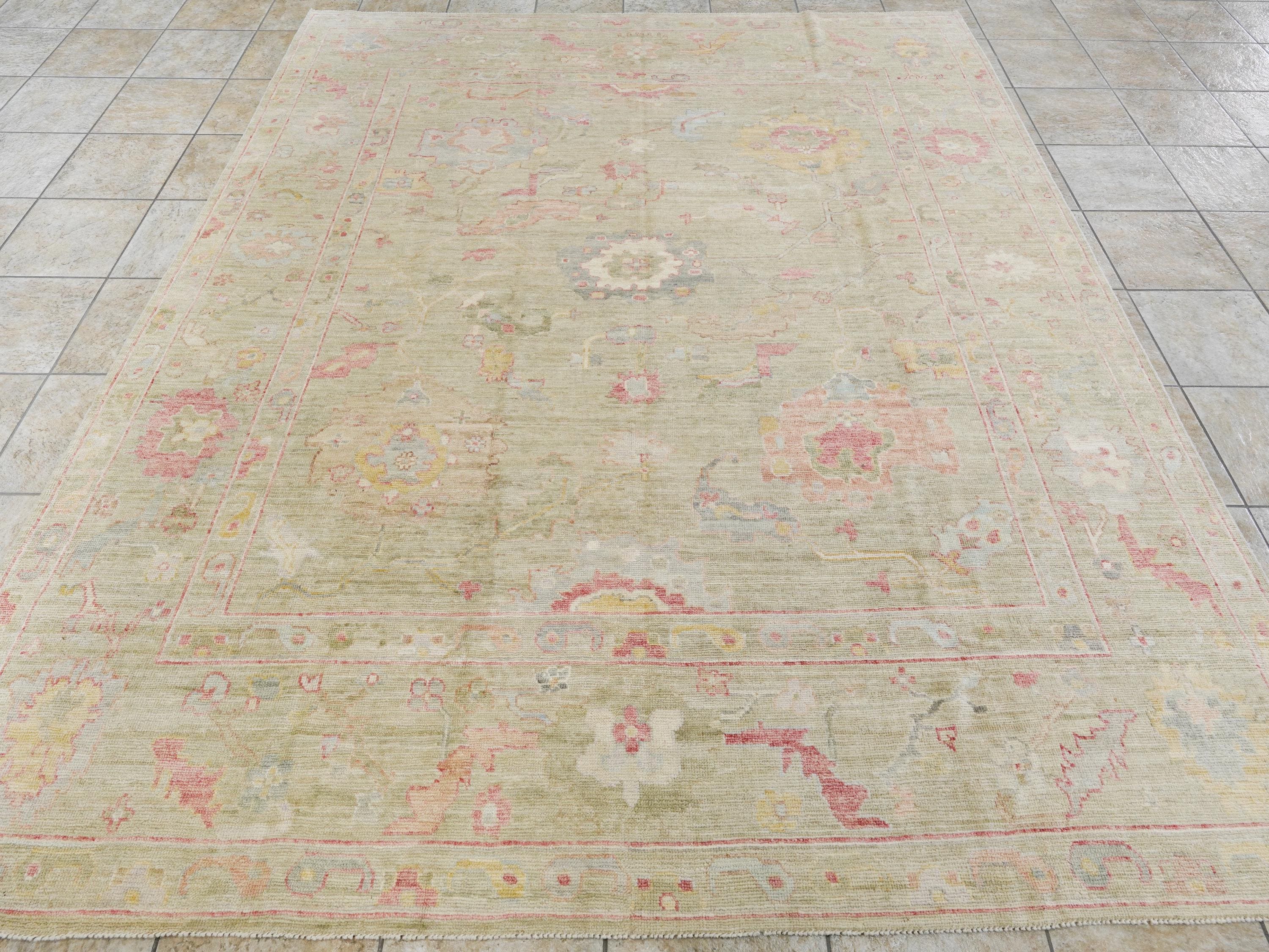 8x10 Ft Light Brown Oushak Rug - Hand Knotted Oriental Rug - Floral Design