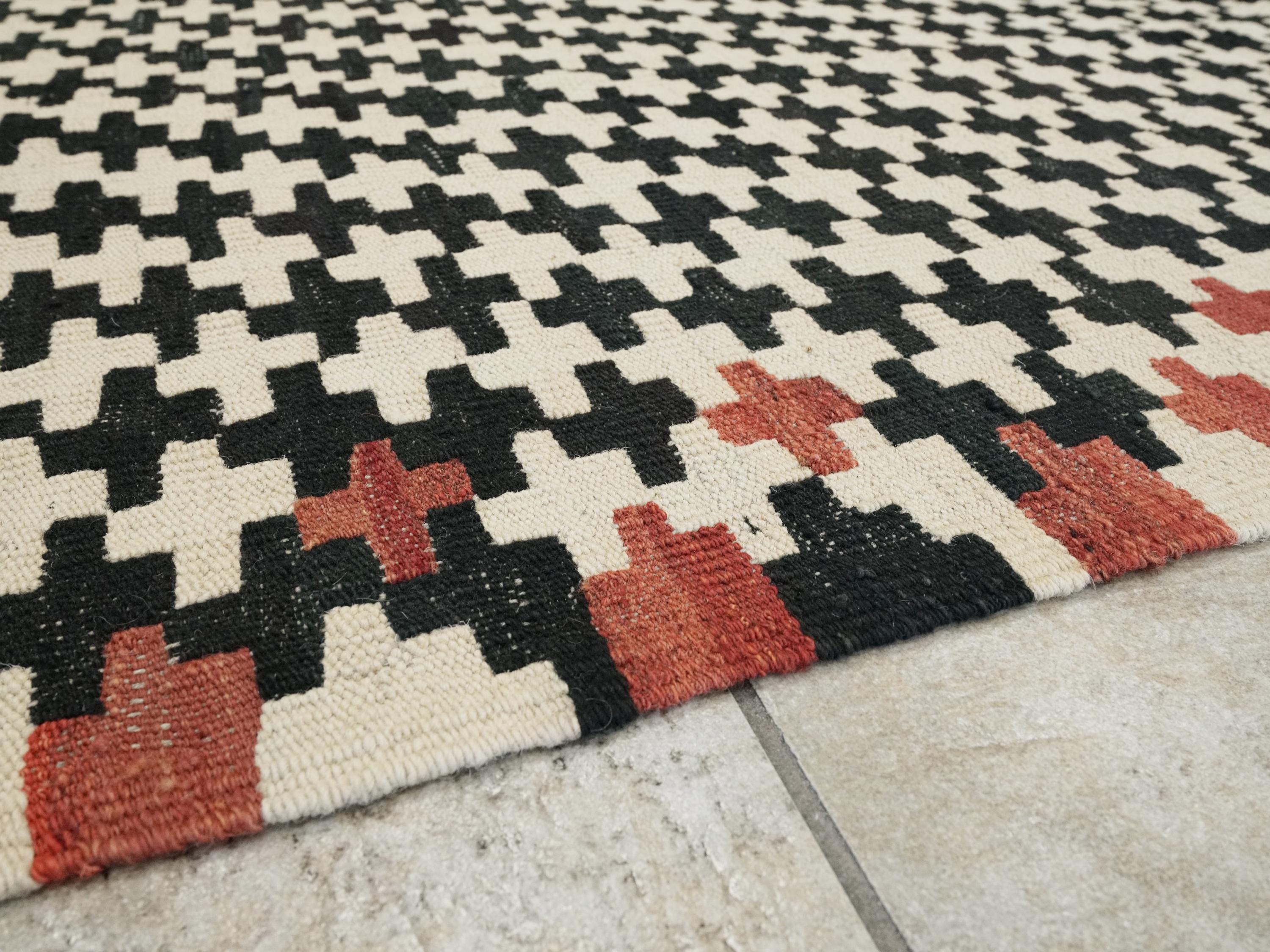 10x13 Ft Black & Beige Kilim Rug - Handmade Afghan Flatweave