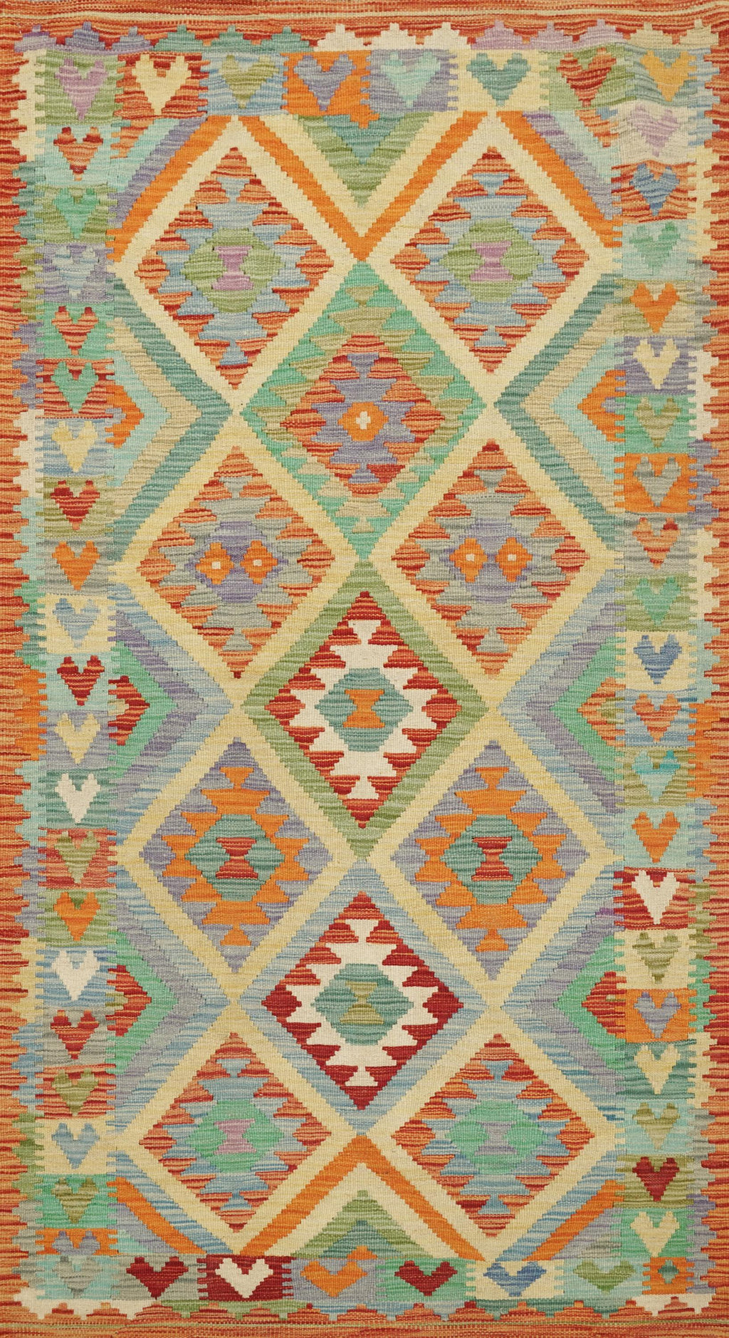 7 Ft Orange Green Kilim Rug  Flat Weave Afghan Runner