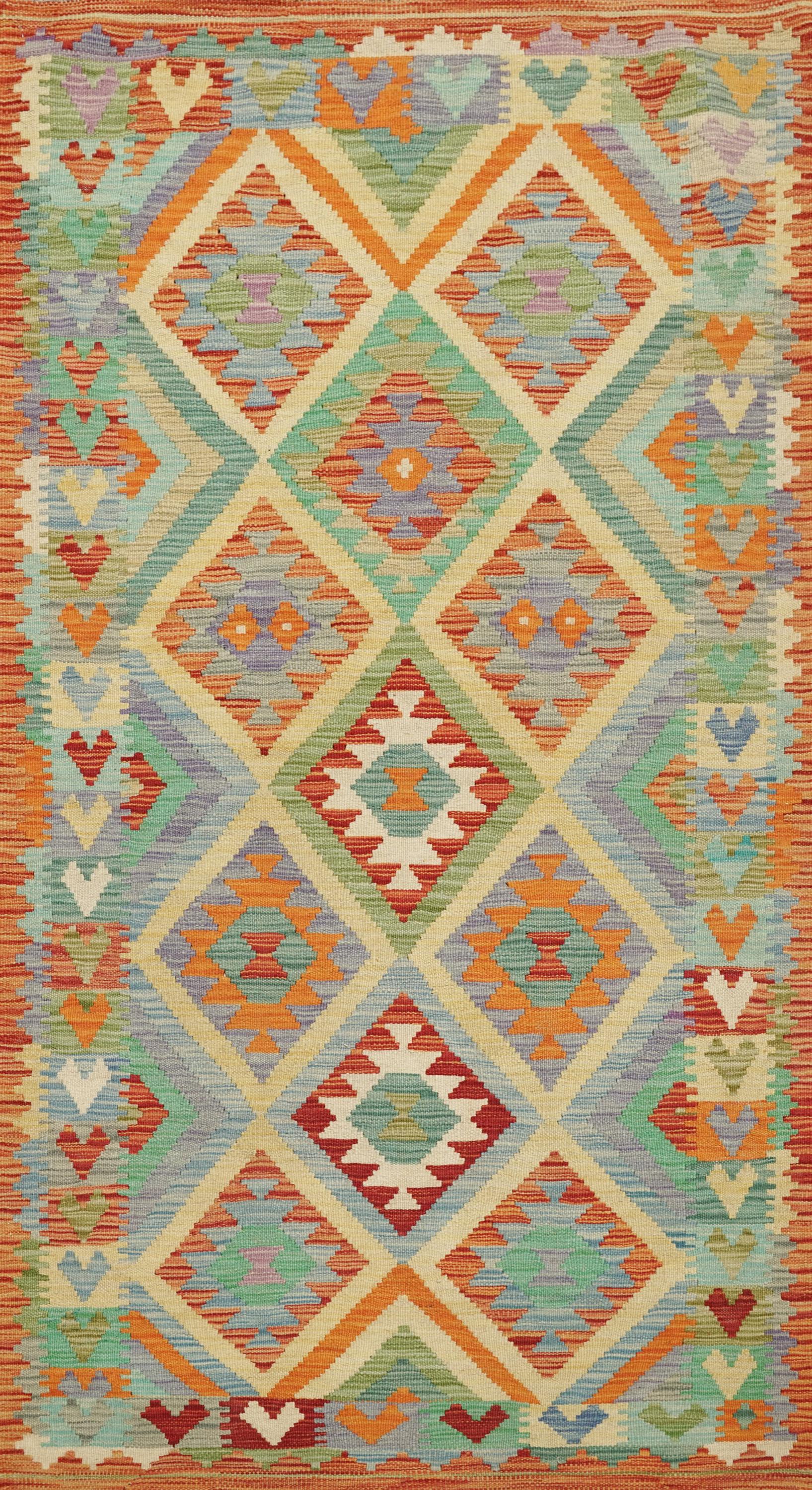 7 Ft Orange Green Kilim Rug  Flat Weave Afghan Runner