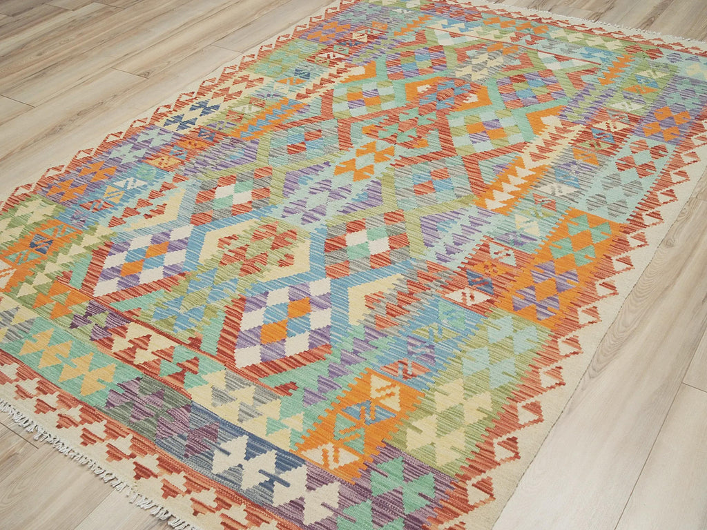 5x8 Ft Ghazni Wool Kilim Rug - Colorful Flat Weave Tribal Design
