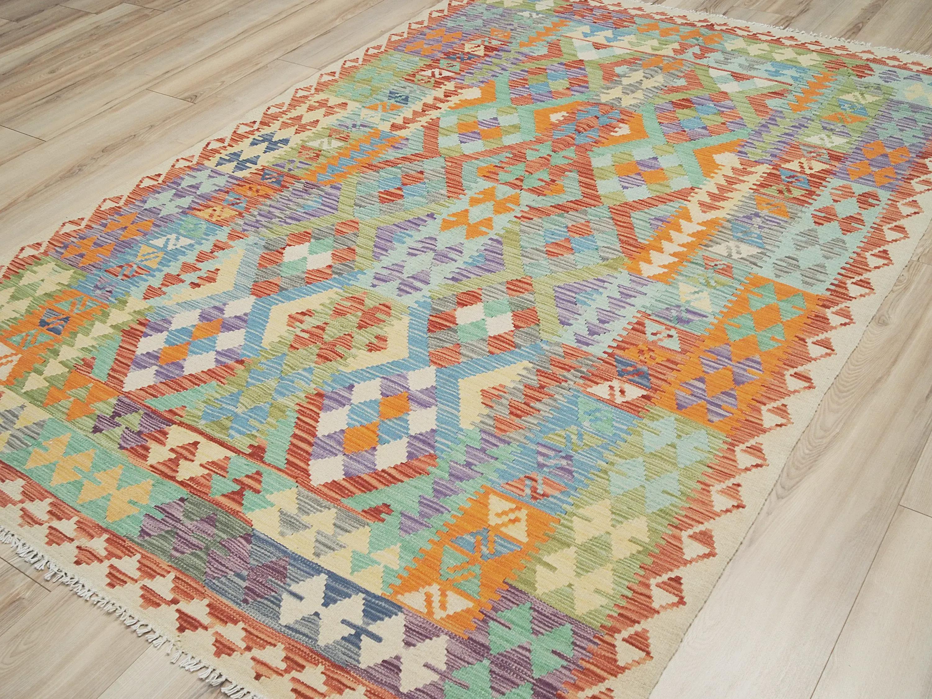 5x8 Ft Ghazni Wool Kilim Rug - Colorful Flat Weave Tribal Design