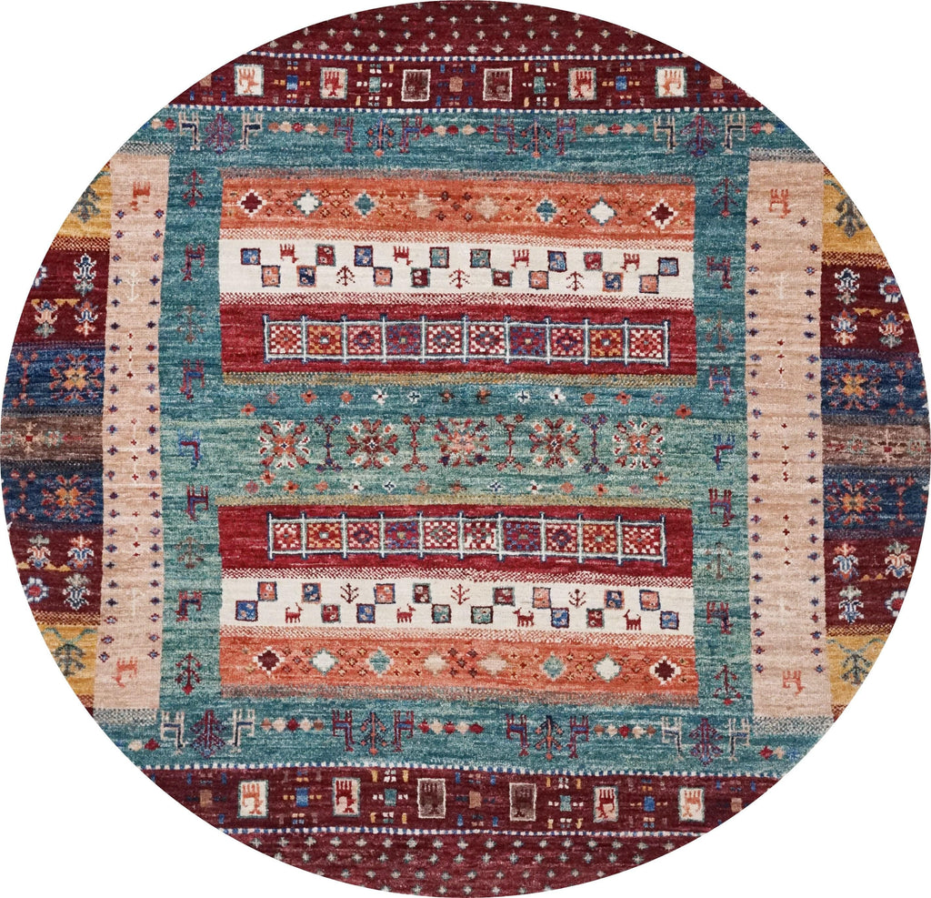 4x4 Ft Colorful Khorjin Rug - Hand Knotted Round Rug - Tribal Design