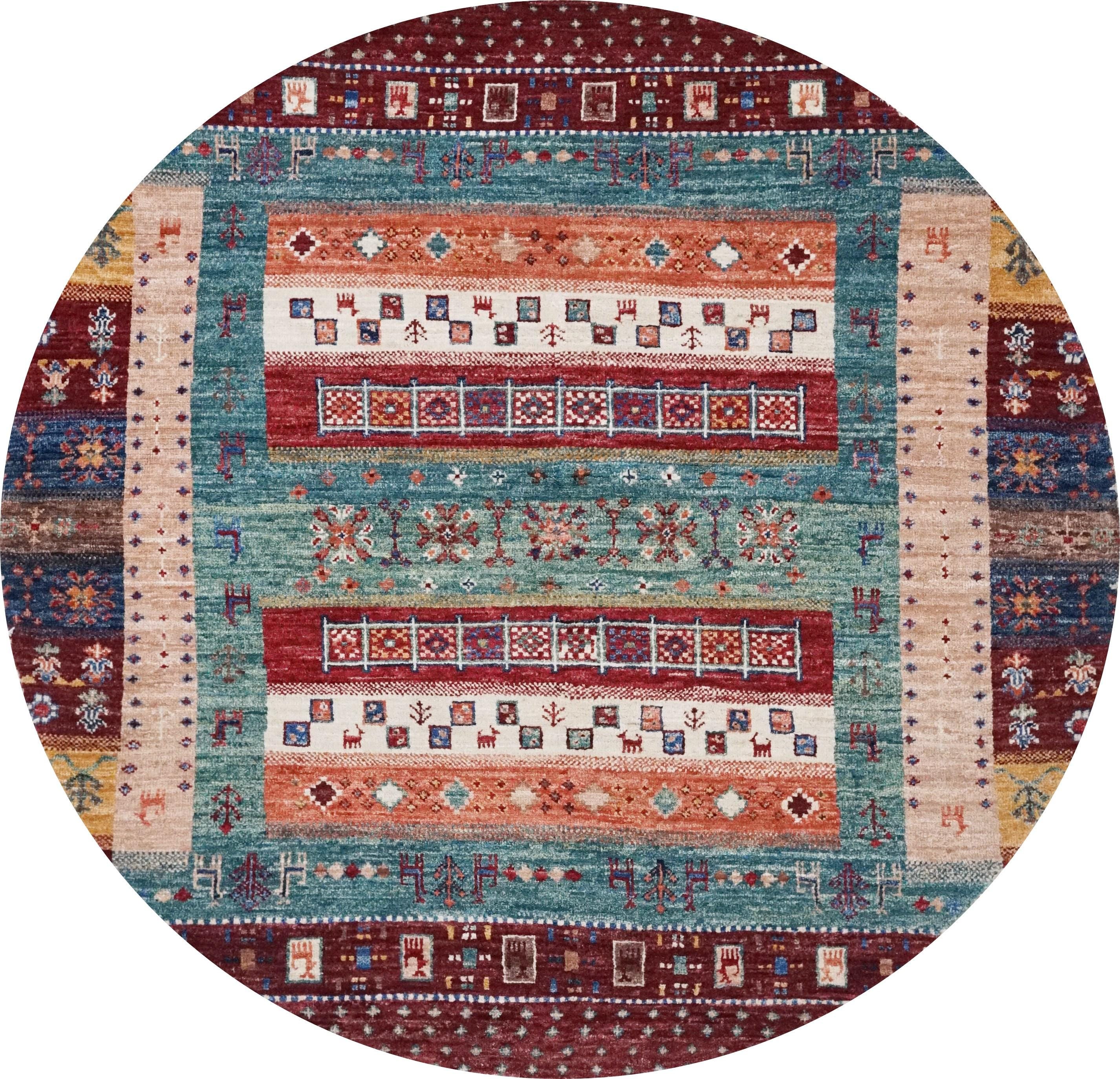 4x4 Ft Colorful Khorjin Rug - Hand Knotted Round Rug - Tribal Design