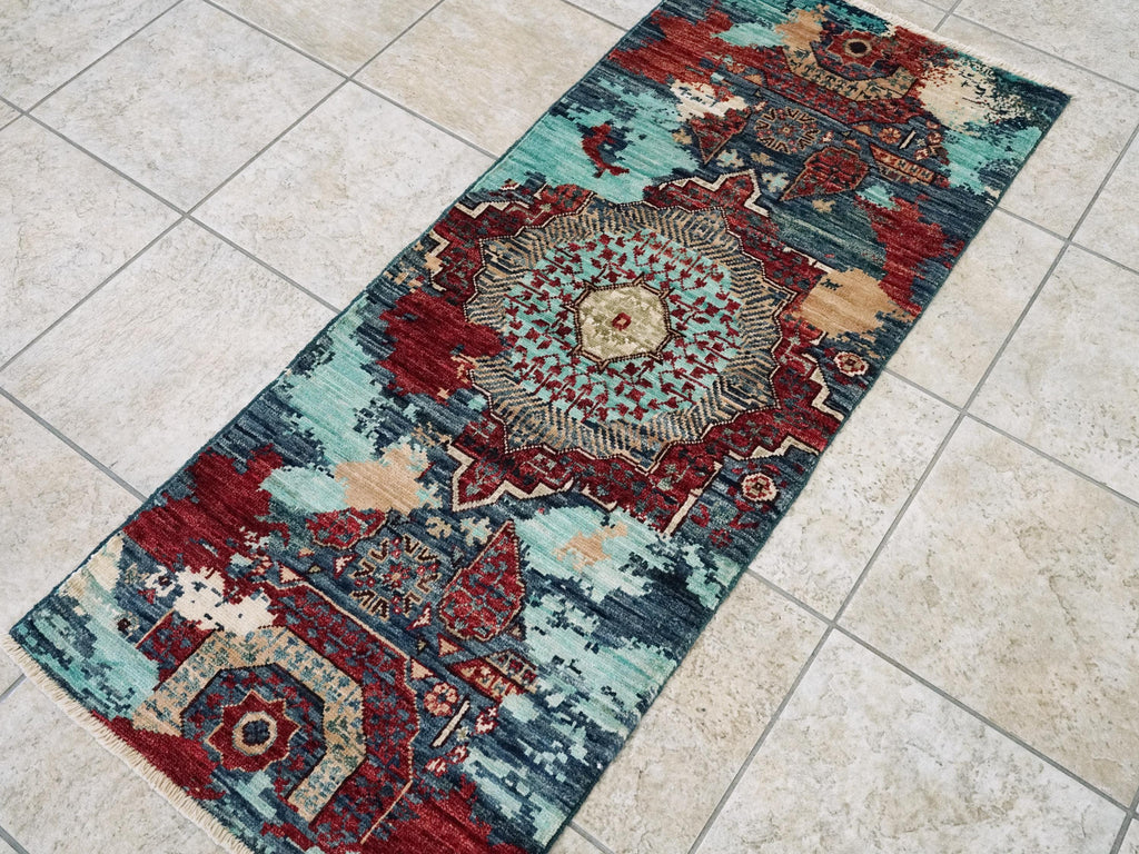 2x5 Ft Blue Mamluk Rug - Hand Knotted Wool Hallway Runner