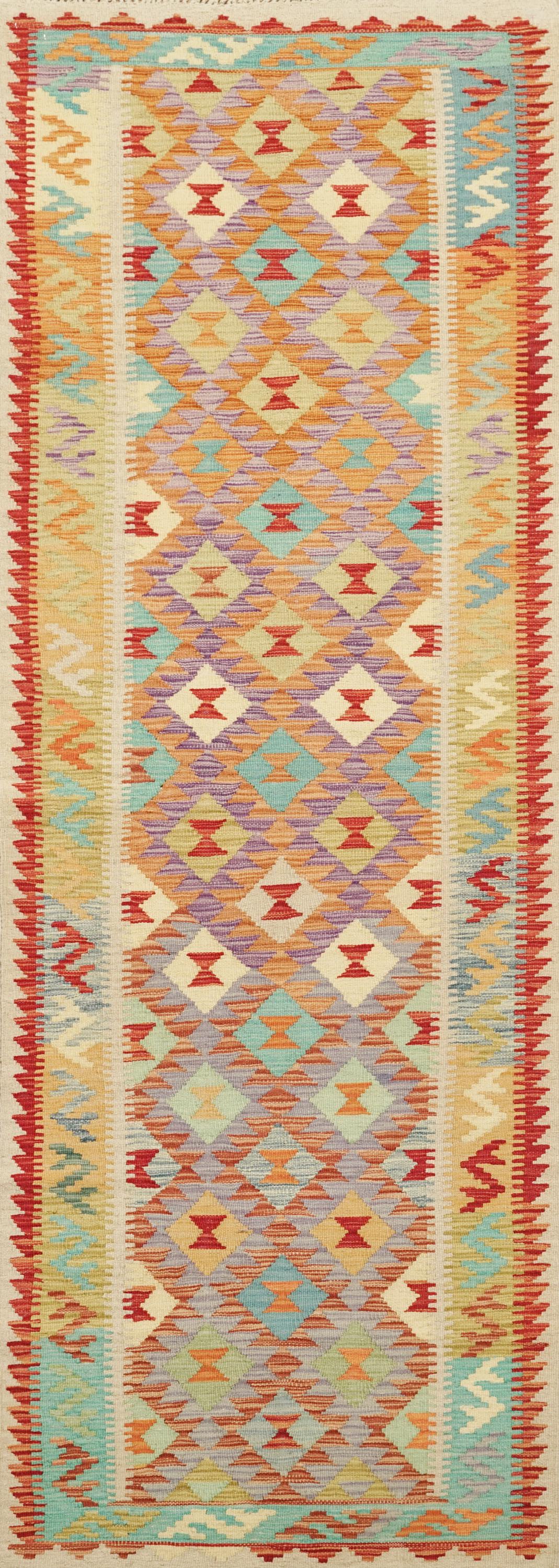 10 Ft  Red Kilim Runner Rug - Flat Weave - Traditional Afghan Design