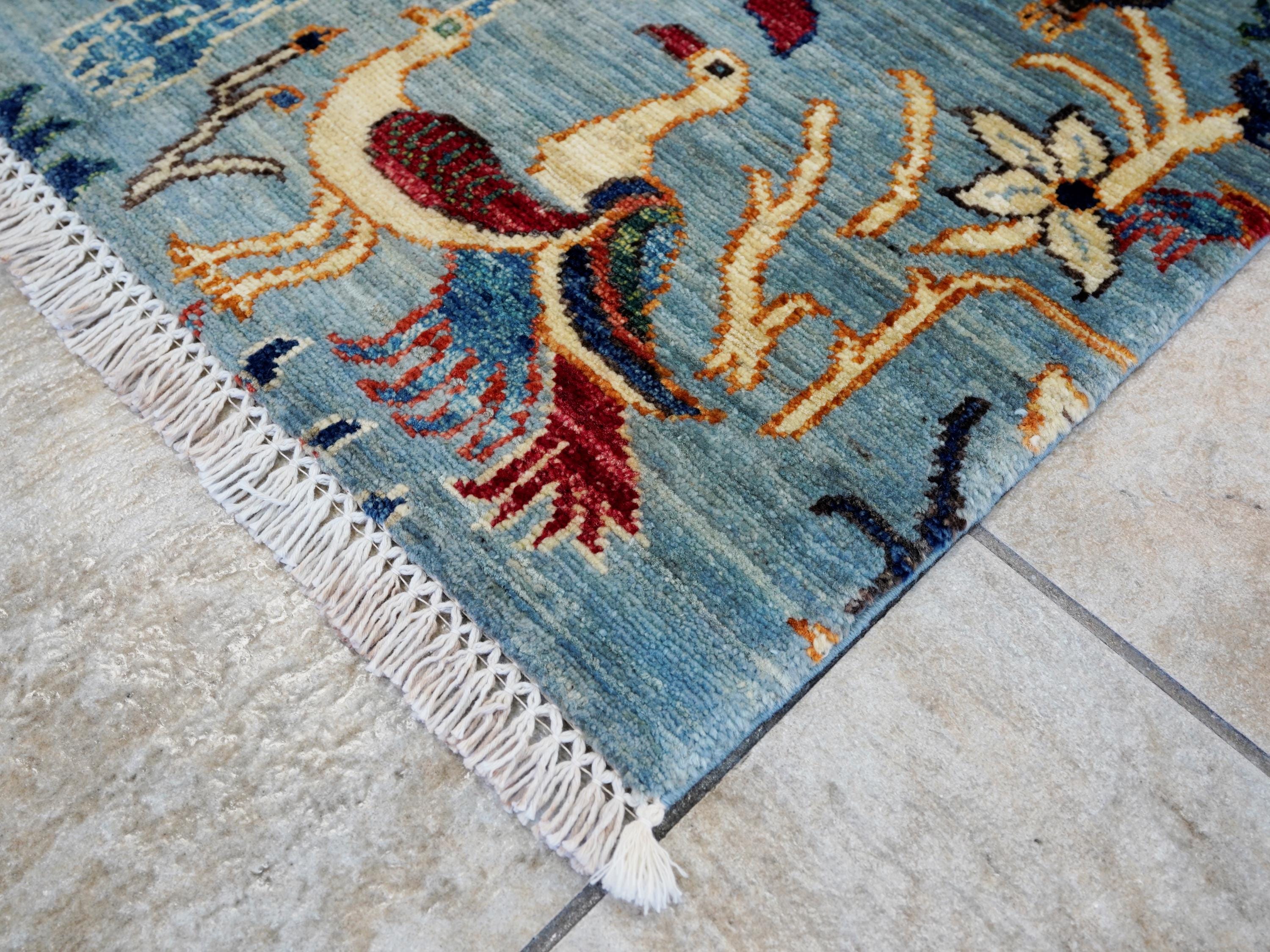 3x5 Ft Light Blue Bird Rug - Handmade Afghan Wool Rug - Floral Design