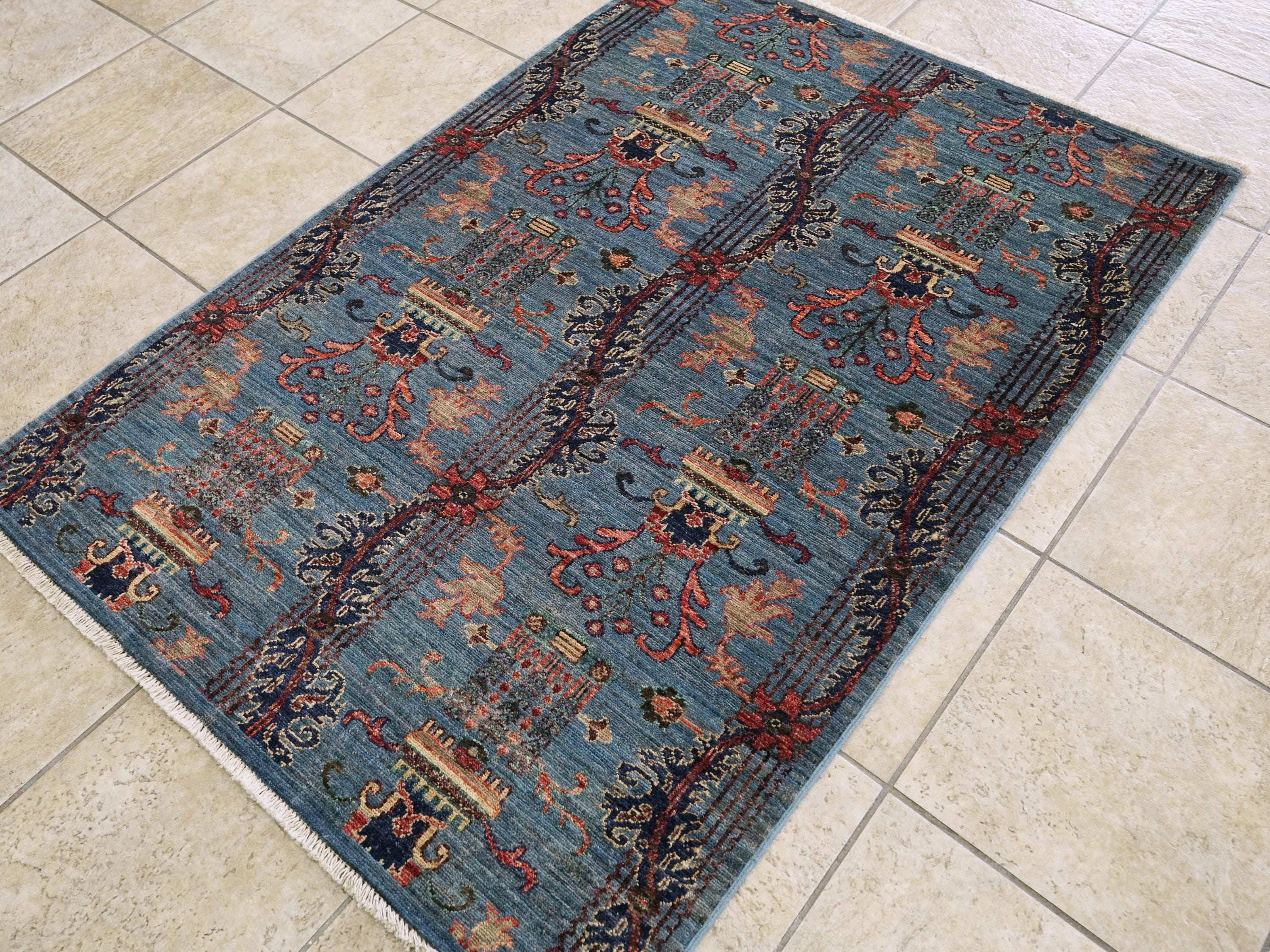 3x5 Ft Blue Serapi Rug - Traditional Floral Wool Rug