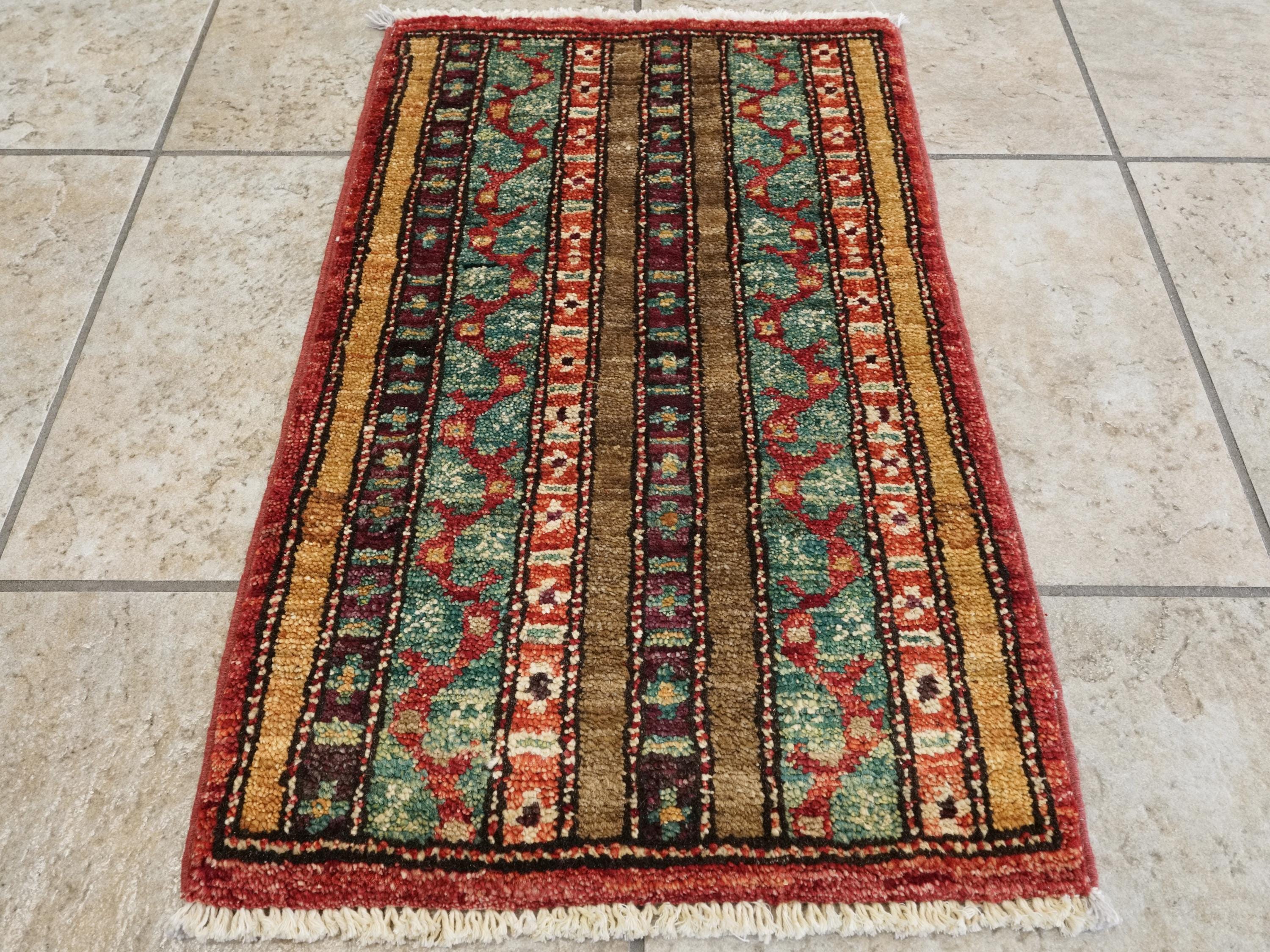 1x2 Ft Hand Knotted Heriz Rug - Red & Green Afghan Wool