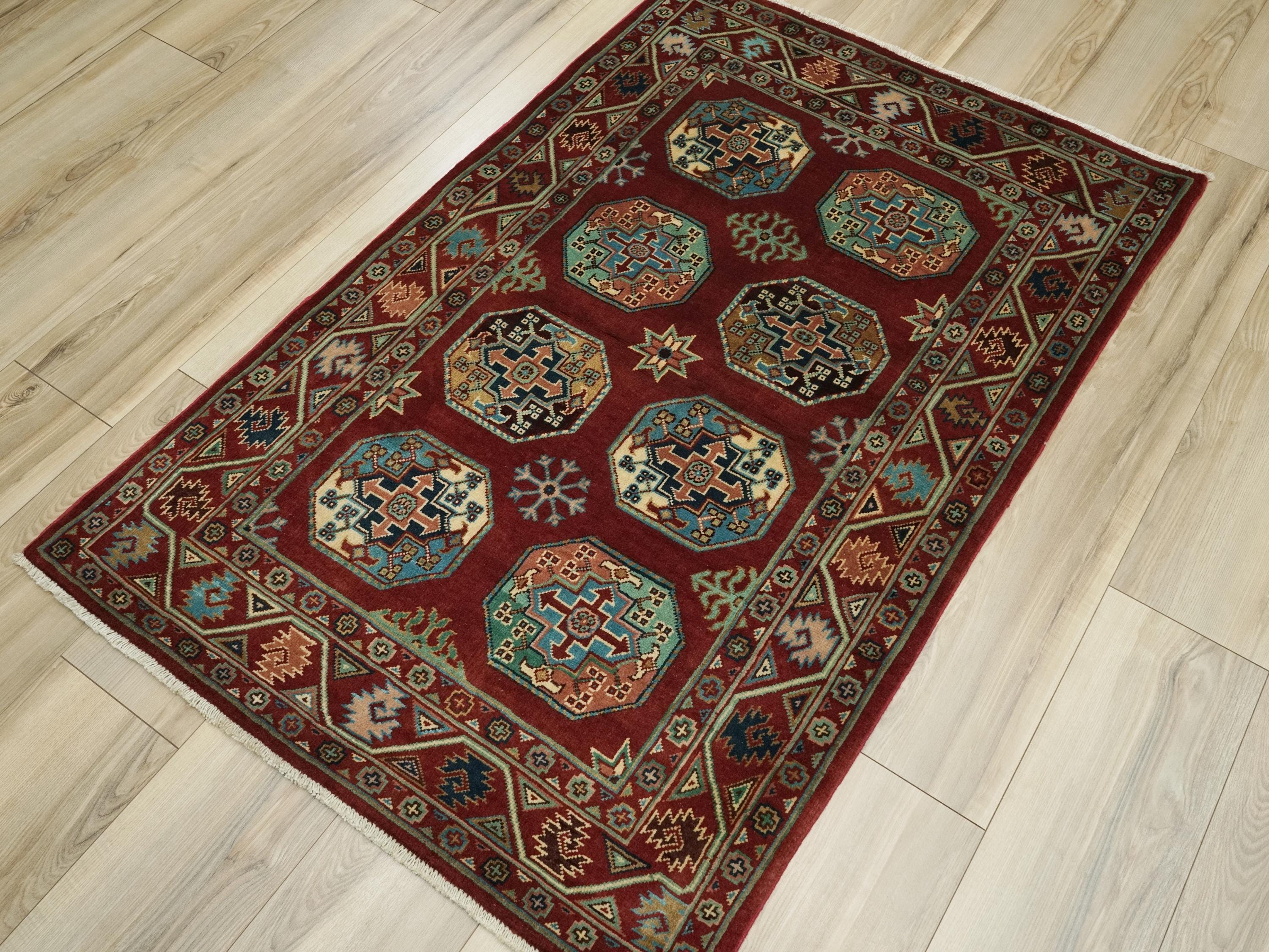 3x5 Ft Red Ersari Rug - Hand Knotted Oriental Wool Rug