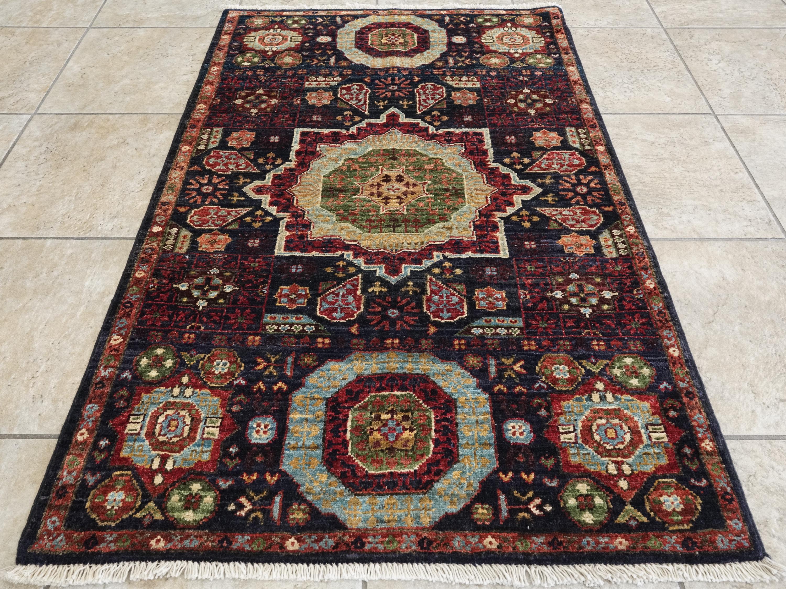 3x4 Ft Black Mamluk Afghan Rug - Handmade Wool Oriental Rug
