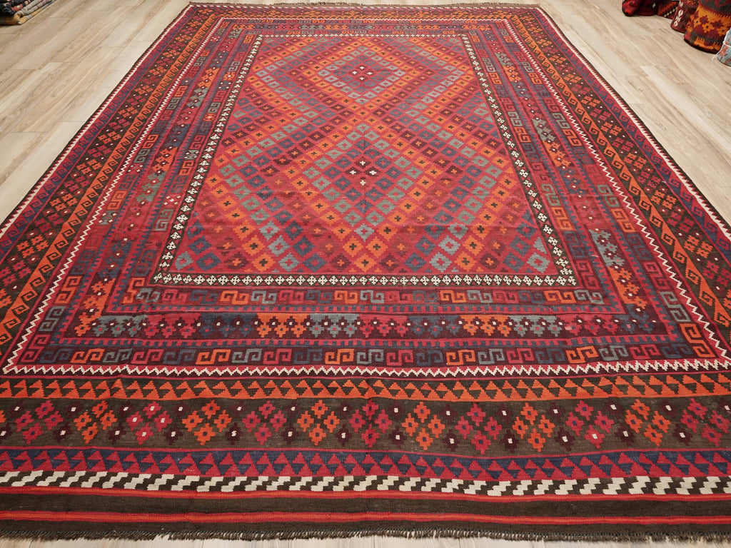 10x14 Ft Red Maimana Kilim Rug - Large Vintage Afghan Tribal Rug