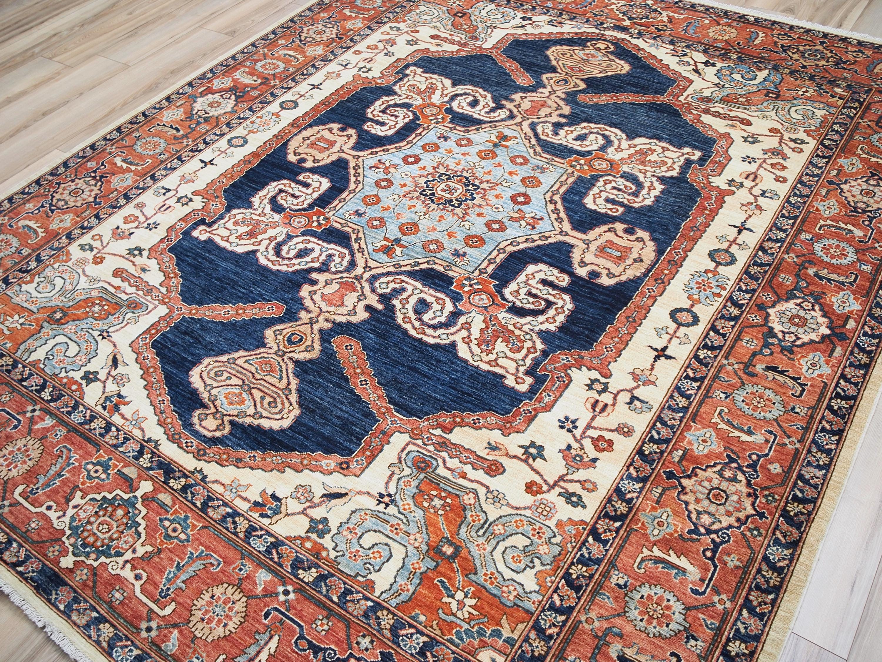 8x10 Ft Blue & Red Heriz Rug: Hand -Knotted Oriental Wool Rug