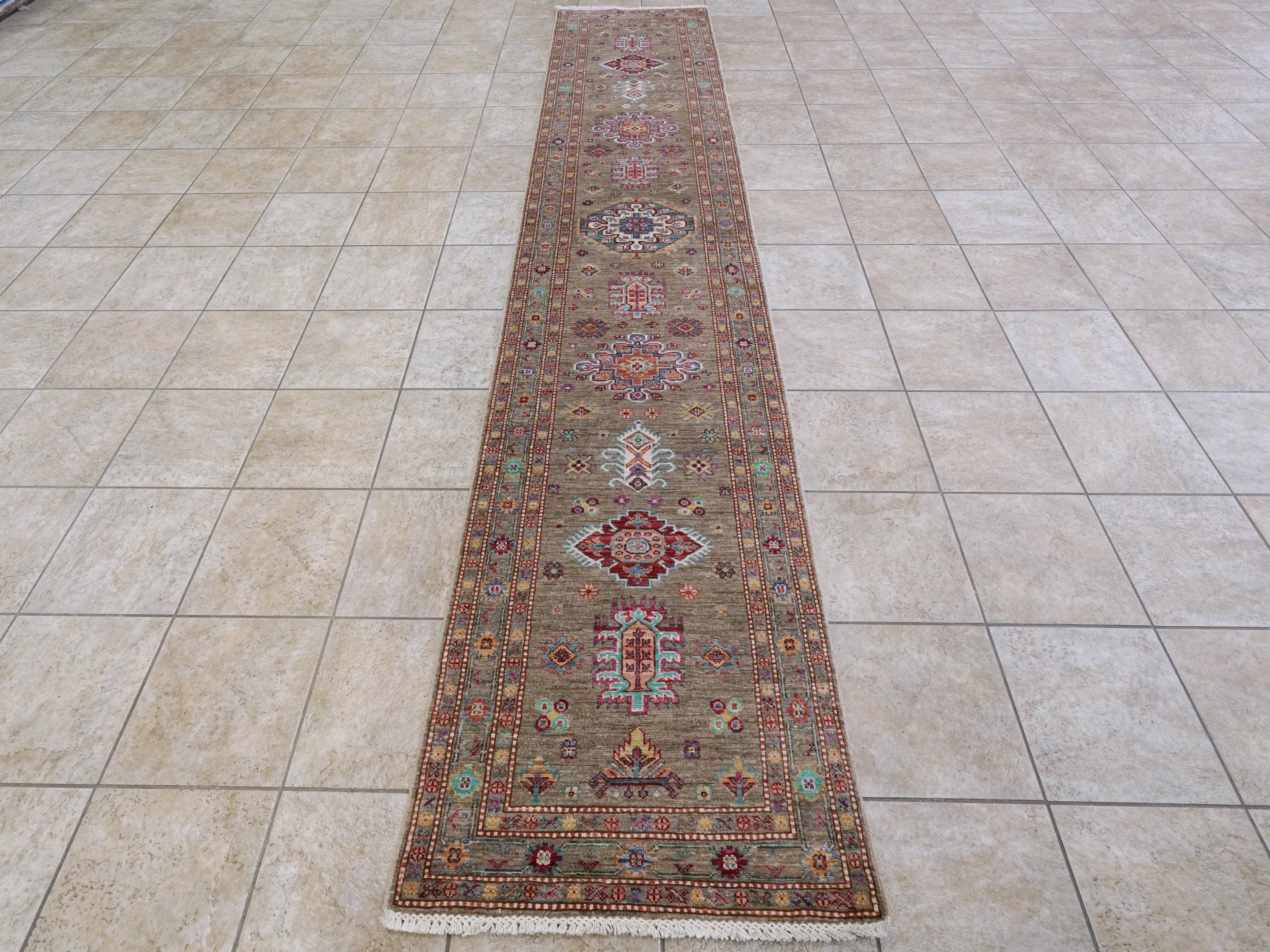13 Ft Brown Kazak Runner Rug - Hand Knotted Wool Hallway Rug