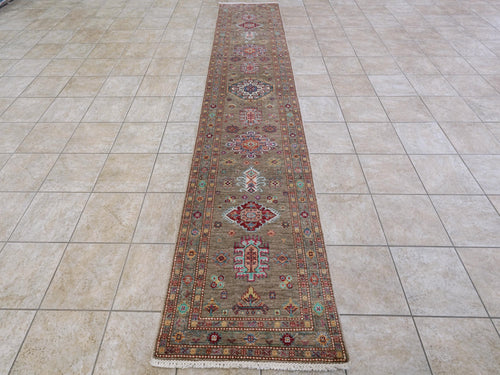 13 Ft Brown Kazak Runner Rug - Hand Knotted Wool Hallway Rug
