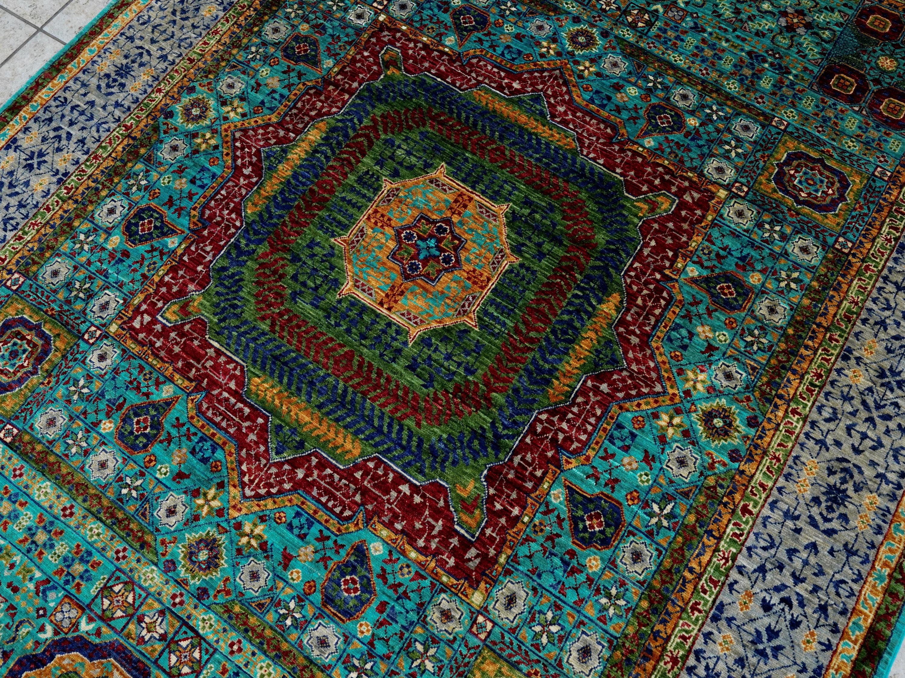 6x8 Ft Cyan Mamluk Rug - Hand Knotted Oriental Area Rug