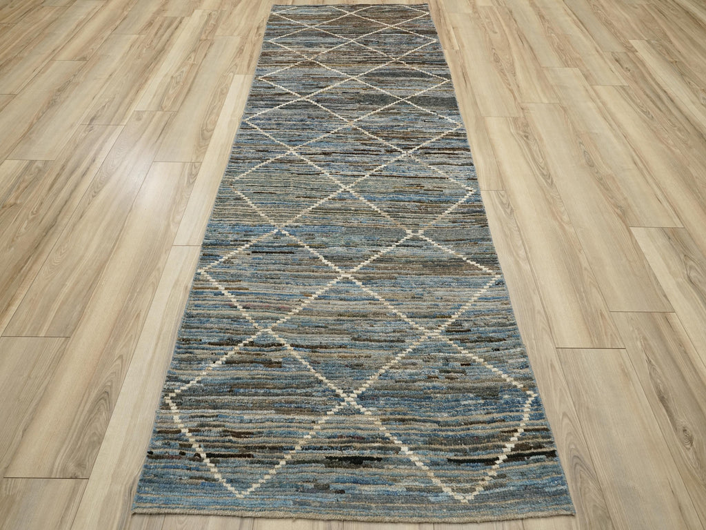 10 Ft Blue Moroccan Runner Rug - Afghan Handmade Wool Rug