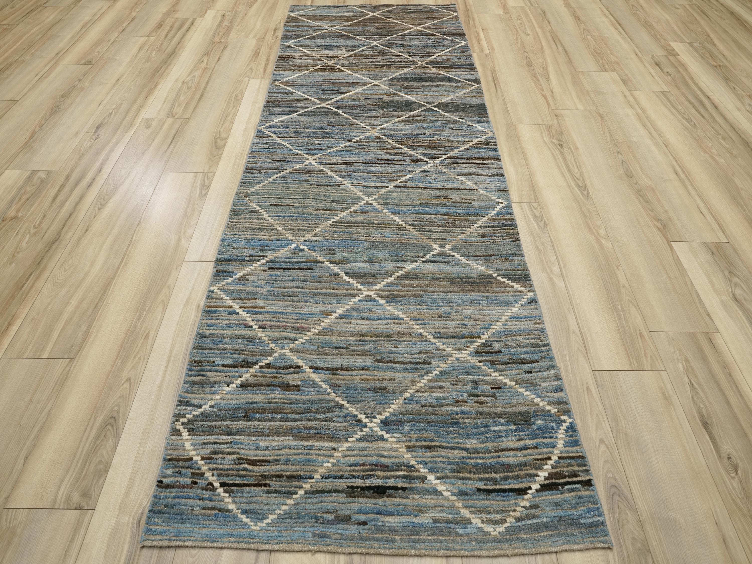 10 Ft Blue Moroccan Runner Rug - Afghan Handmade Wool Rug