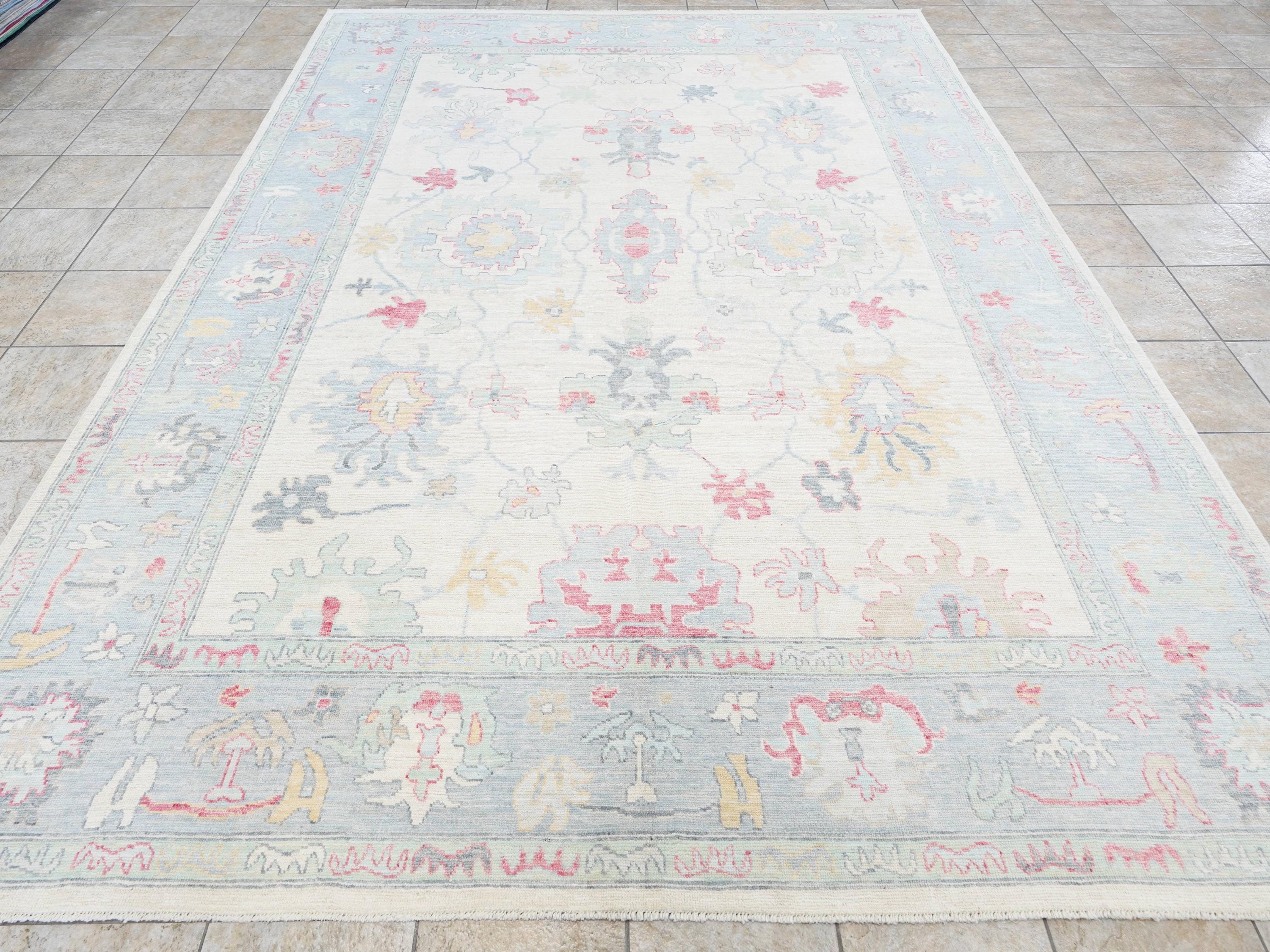 9x12 Ft White Pastel Oushak Rug - Handmade Area Rug - Floral Design