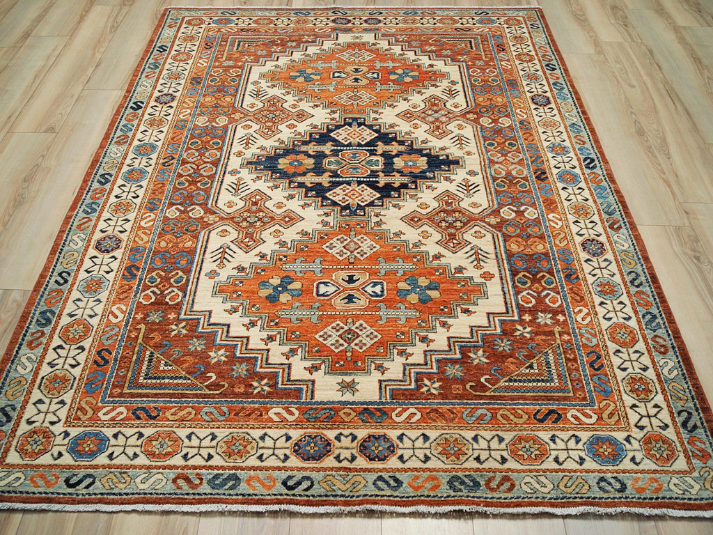 6x9 Ft Orange Heriz Rug - Hand Knotted Area Rug - Traditional Design