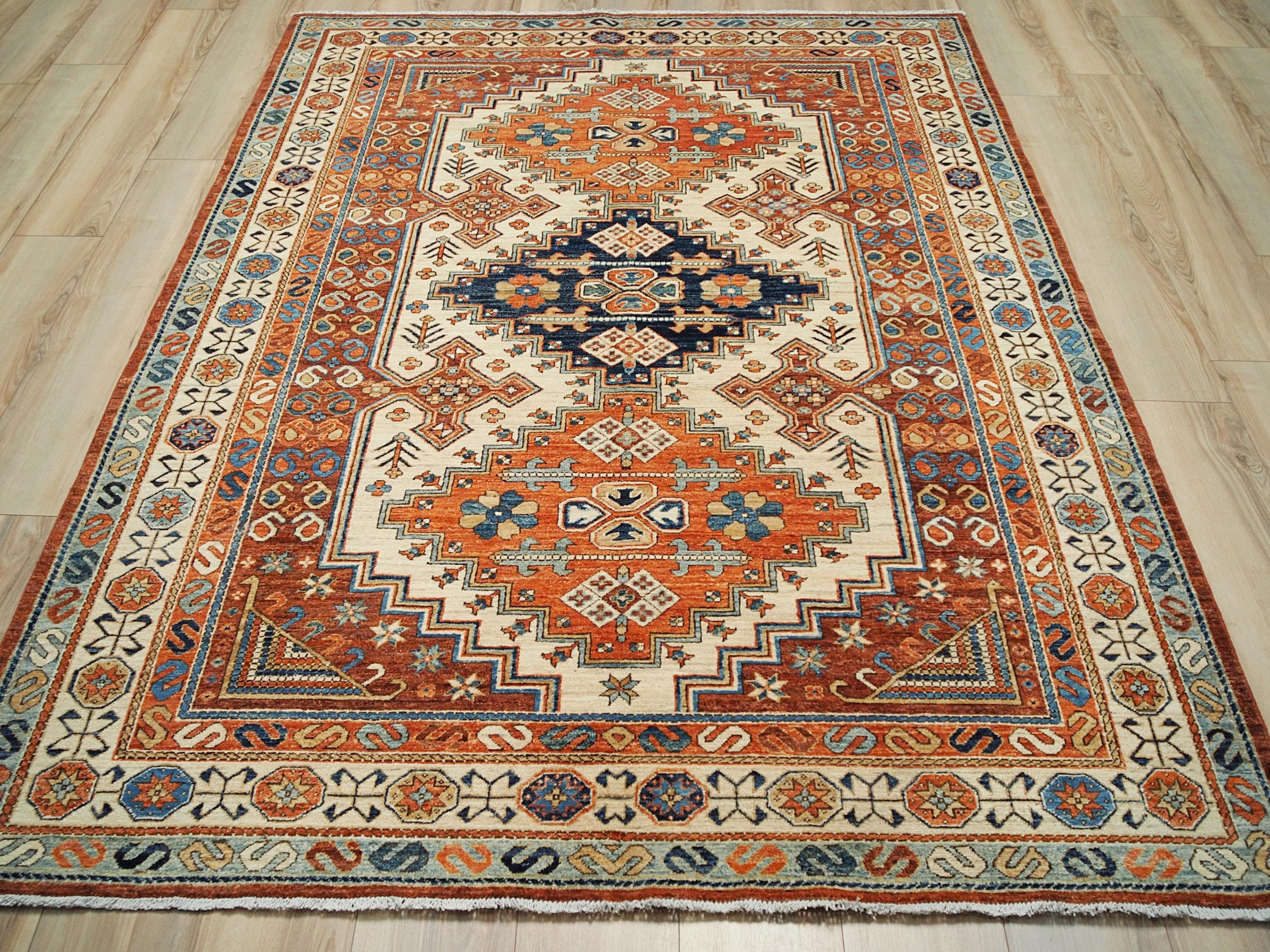 6x9 Ft Orange Heriz Rug - Hand Knotted Area Rug - Traditional Design