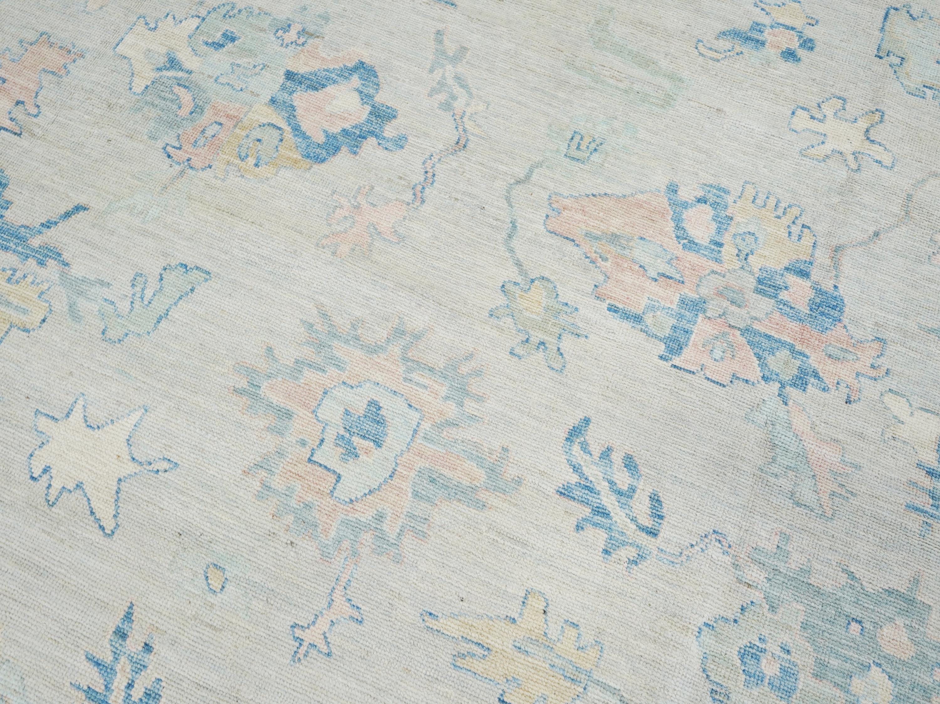 10x14 Ft Muted Blue & Orange Oushak Rug - Hand Knotted Afghan Rug - Turkish Floral Design