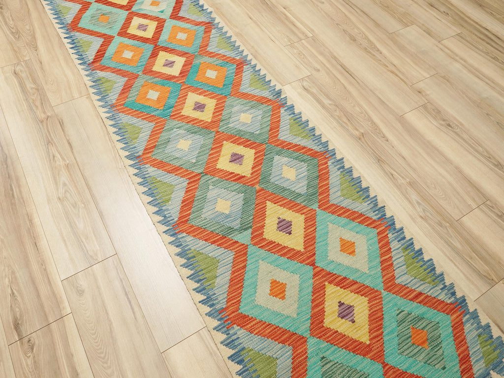 9 Ft Kilim Runner Rug - Green & Orange Traditional Afghan Rug